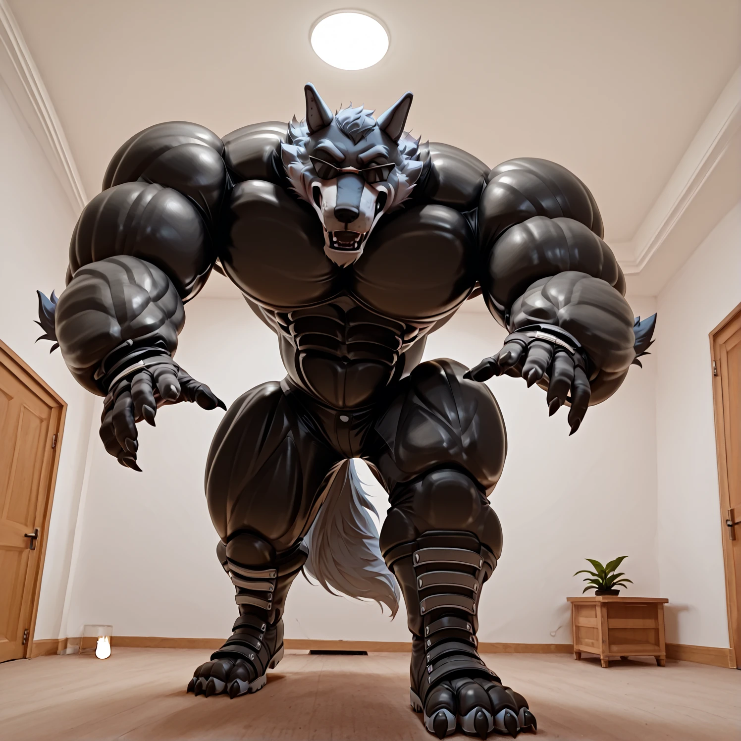 solo, male, , , , (hyper pecs:1.3), （）, standing, indoor,，(，,(,solo,very hyper muscles:1.3)((Huge bulge:1.4))）（corruption)), ,Unreal Engine,perfect light，detailed, photorealistic, 4k, hd, , , , good anatomy, , (), ,, high quality, best quality, concept art, photorealistic, octane rende(black glowing cum:1.2)indoor，wolf
