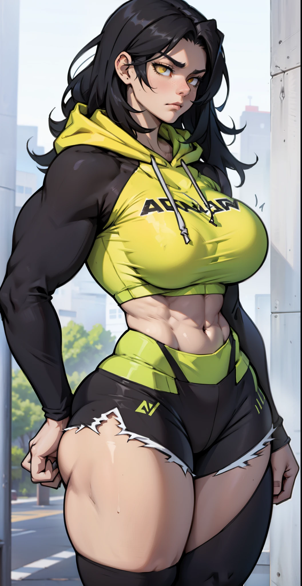 huge breasts pale skin very long hair black hair yellow eyes sad blushing solo frown very long hair very long hair bike shorts compression bra