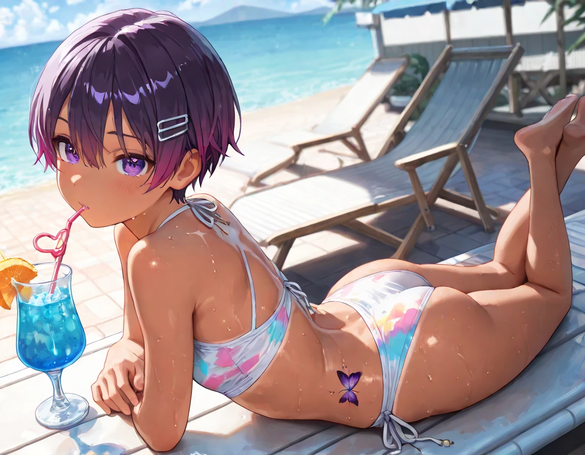 (highest quality:1.2, Very detailed, up to date, Vibrant, Ultra-high resolution, High Contrast, masterpiece:1.2, highest quality, Best aesthetics), Portraiture、girl、solo, (25-years-old:1), slim, heterrochromia, green eye, red eye, Bright colors、Beautiful fine details、Beautiful lip detail、extra short hair, ((bob cut:1.5))、pink and purple, ((streaked hair:1.9)), (highlights hair: 1.6), (monokini:1), (medium breast:0.7), (tan skin:0.5), (happy:1), tropical beach, blue sky, blue ocean, sunshine, ((full body:1.5)), sitting on beach, knees to chest, looking forward, from side,