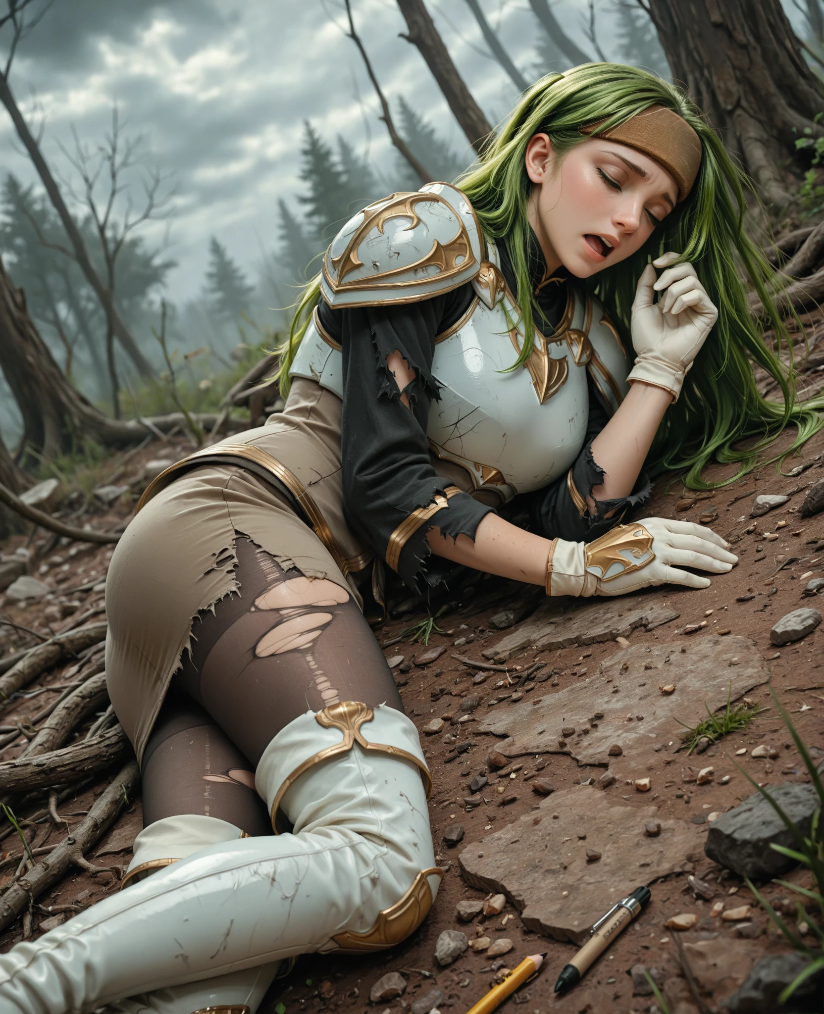 "high resolution, close-up of a dead elf lying on the ground of a battlefield, show the elf's full body with armor. The elf has long, blonde hair., dirty with blood and dirt, scattered around the head. Your eyes are closed, with an expression of peace and sadness. His pale skin contrasts with the elaborate, detailed armor., that is broken and stained with blood. A black arrow is stuck in your chest,