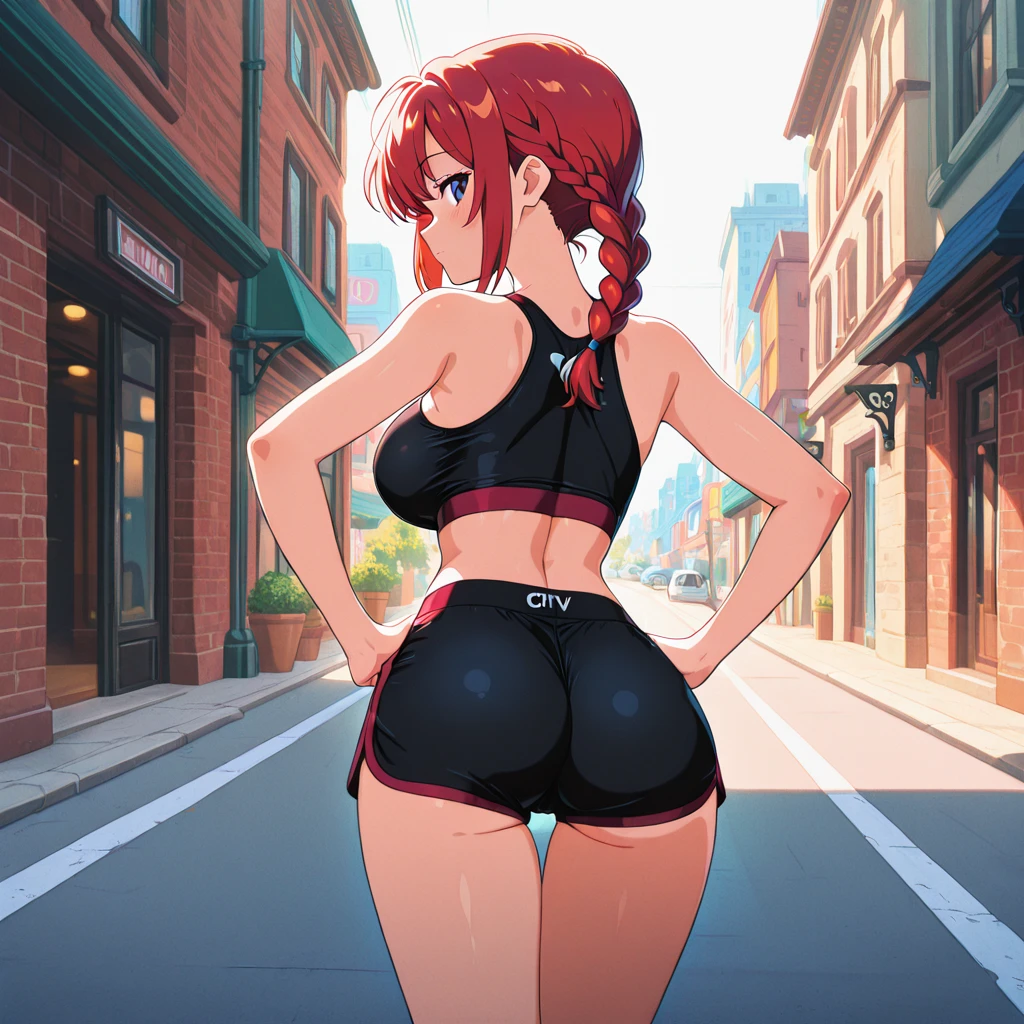 1girl, dark_skin, black_gloves, red_hair, smile, black_shirt, <lora:GstrV1-000009:0.9> gstr, from_behind, beautiful, (masterpiece:1.2), (best quality:1.2)