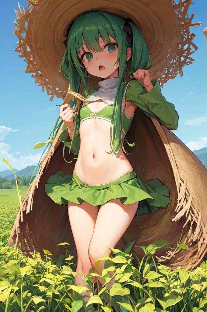 (Masterpiece), Best Quality, ultra-detailed, 1girl(zodiac_mallow , lovely small , dark skin , green hair, long hair, twintails, headband, pink flower in hair, green eyes, half-closed  eyes) , wicked smile, solo,   head tilt, , t-shirts(loose,wet, see-through) , white   , outdoor, forest, night time, warm  lighting, campfire, tent, dance,  dancing,  , from_below 
