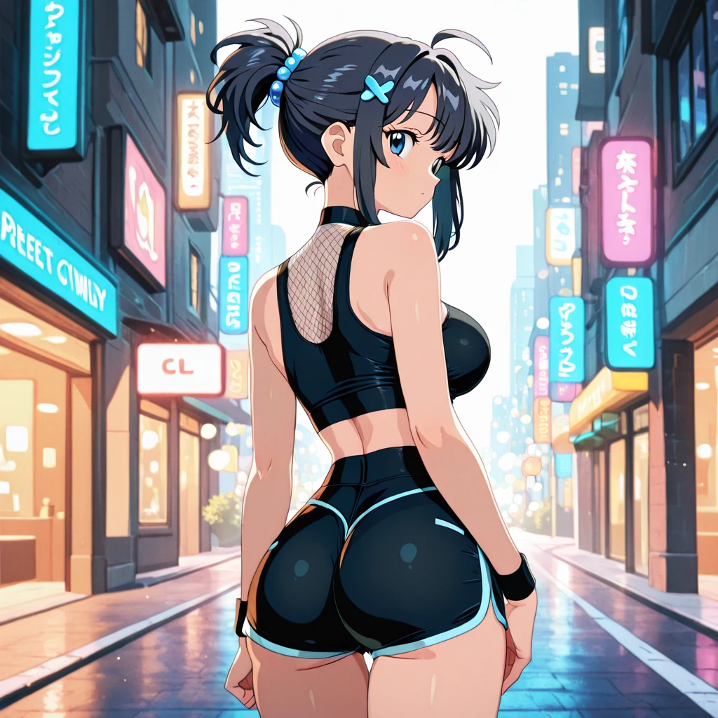(Hinata Hyuga, Very sensual, Wearing tight clothes, ,( curvy body 1.3))), Big Ass, Thick legs, Colorful full-body bodysuit, Wearing a mini blouse, Navel comes out, Long Hair, Rear Speakers, Very realistic, Cyberpunk city view, clearly defined lines, Neon lights are so sexy, 8k, 8k Very detailed), (Very delicate and beautiful), (masterpiece), (Better Quality: 1.0), (Ultra-high resolution:1.0), ((Synthwave Background Theme))