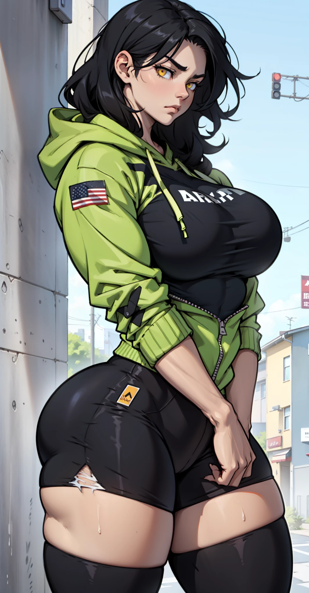 Tall stature, long, wavy green hair. right and expressive light blue eyes. She was wearing cargo pants, a printed t-shirt and a waterproof jacket, big ass, big hip. Busty. Comic style hiding