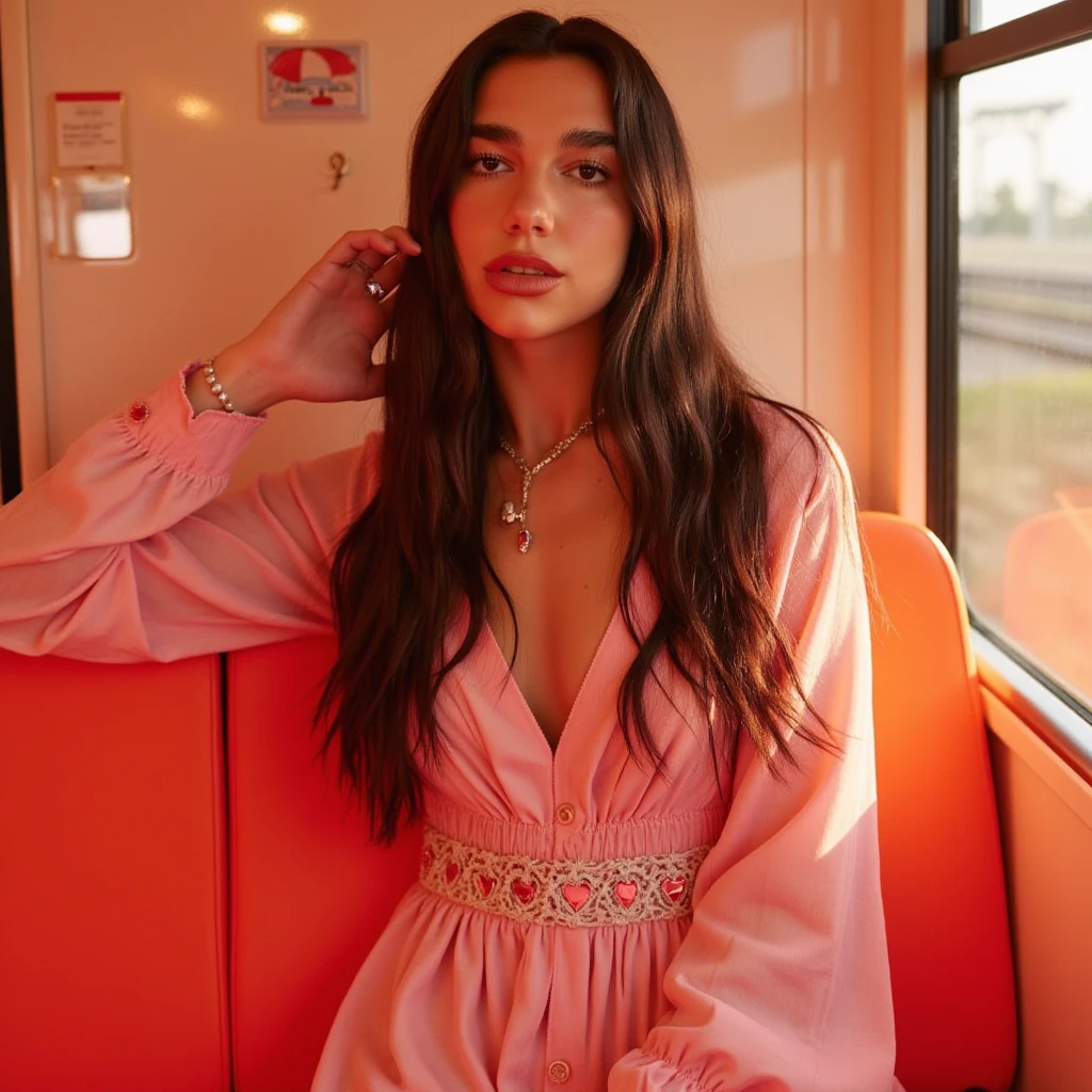 Generate me one of the most beautiful women in the world ,with a beautiful long haircut ,a very original and very detailed face, a magnificent pink outfit from the Prada brand as well as magnificent Prada jewelry all in a lake background