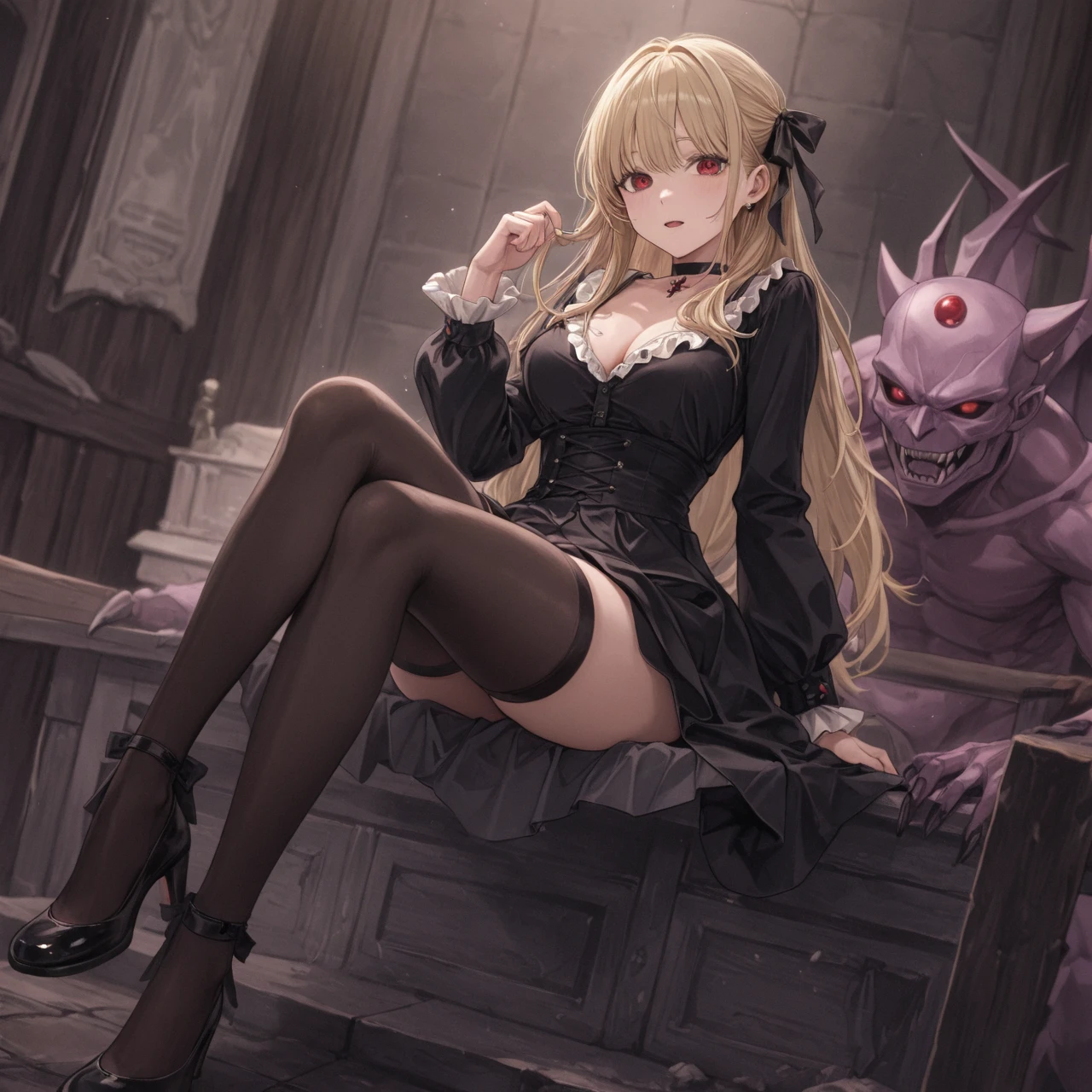 masterpiece, high quality, a demon girl, with long blonde hair, with horns, with fangs, yellow eyes, sitting on a throne, surrounded by books on the floor, rebel outfit, transparent skirt, top with details, chains