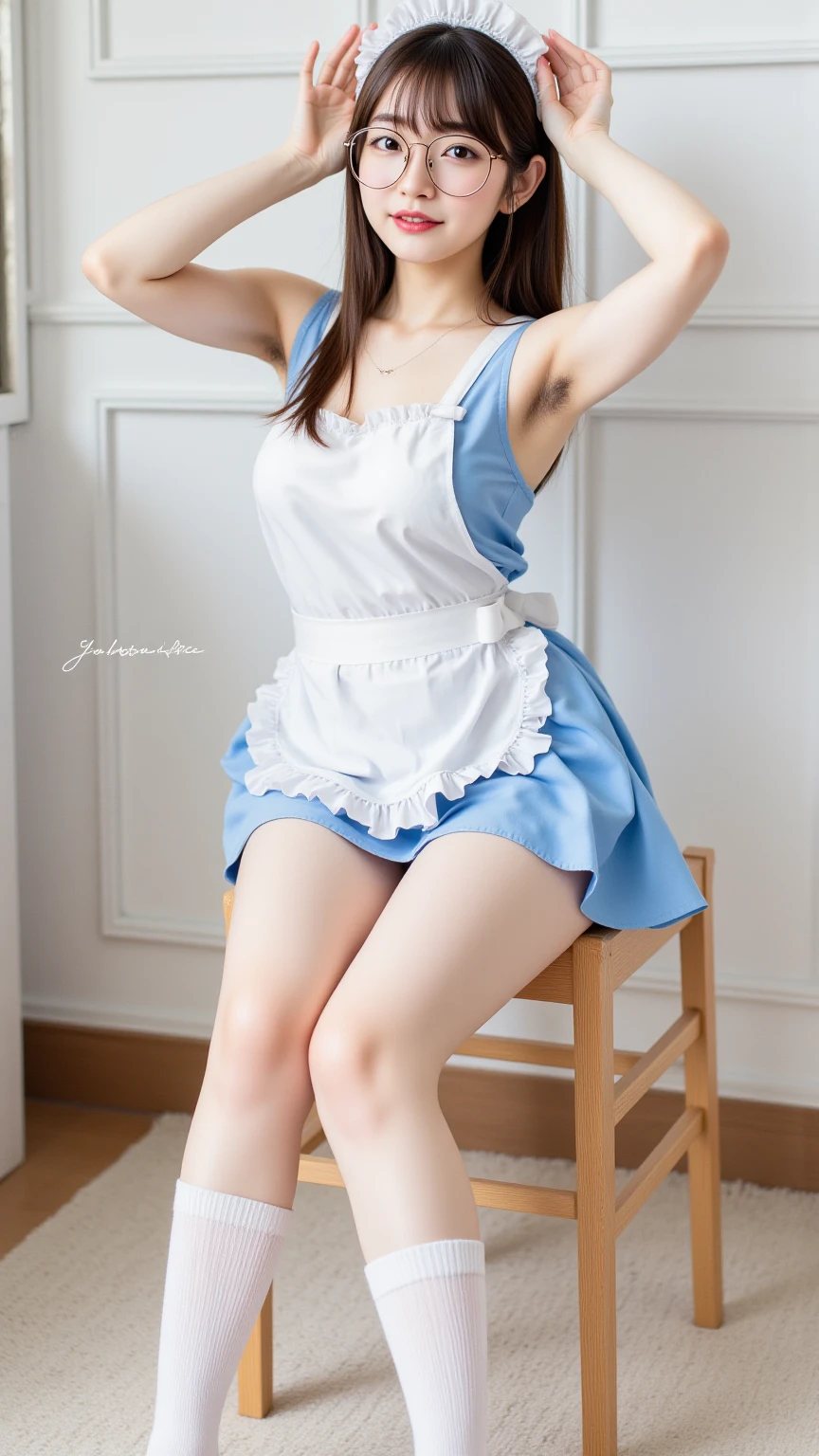 ((of the highest quality)), ((Masterpiece)), (detailed),sexy,very small bust,Skinny body,open the mouth,A crying maid with glasses in heat,black hair ponytail,Her blue dress is torn, exposing her breasts.,nipples are visible,Dark blue tight skirt is destroyed.,Light blue and white striped panties pissed off and wet,stretch your arms up,It is photographed from directly in front.,The whole body is wet with a lot of semen.,Blue socks,Boots,Squat with your legs wide apart to the left and right..,A large amount of semen gushes out of the vagina.,Ejaculate a large amount of semen.,a long iron pole vertically from the ground,wifes,Handcuffed to a post behind his back,