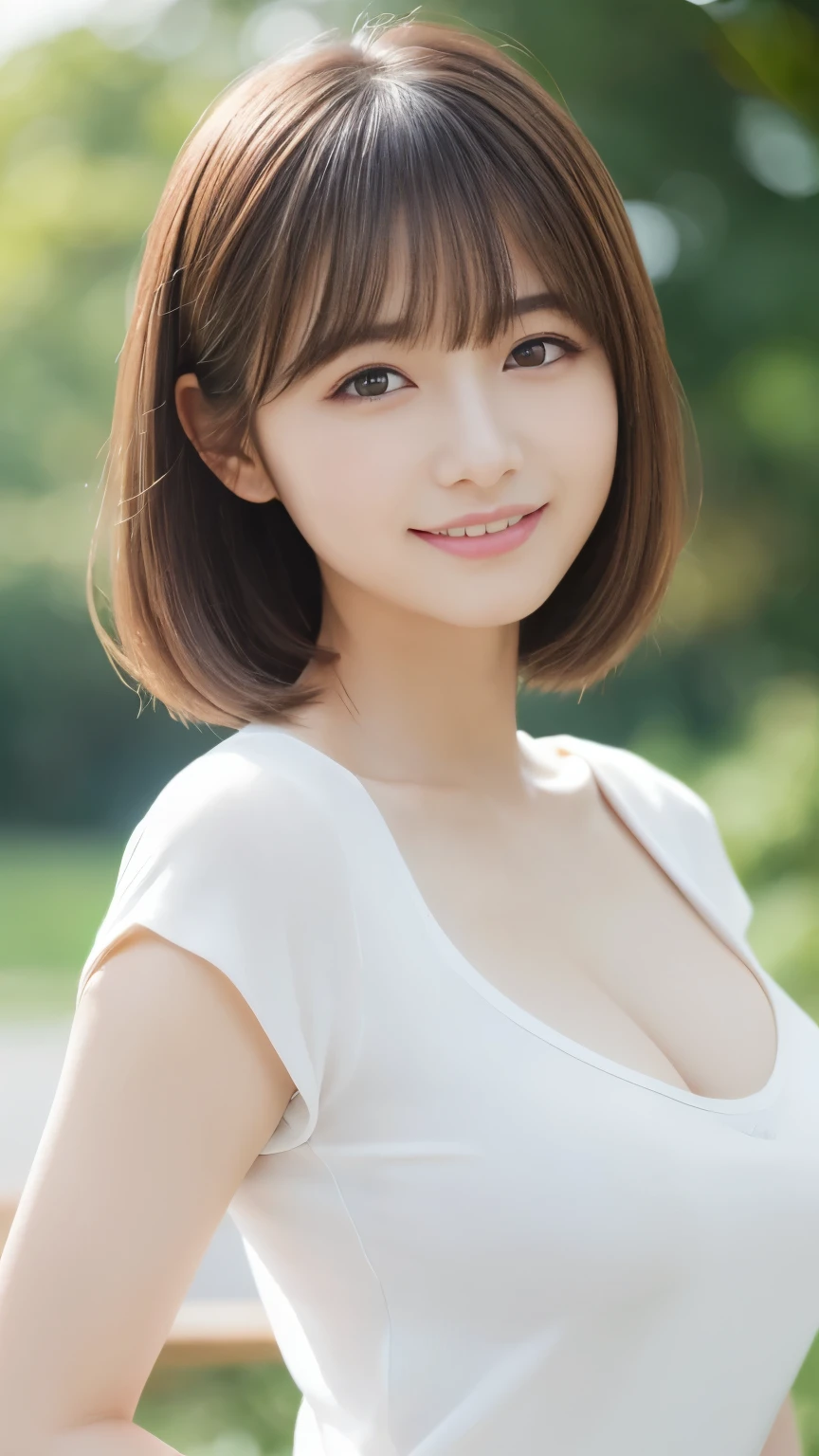 masutepiece, Best Quality, Illustration, Ultra-detailed, finely detail, hight resolution, 8K Wallpaper, Perfect dynamic composition, Beautiful detailed eyes, doress, short Hair, mid-chest, Natural Color Lip, Random and sexy poses,Smile, Blurred park background、20 years girl、Colossal 、Too much exposure、tank top(white)、Exposing the chest、Slid、I keep my hair tied up