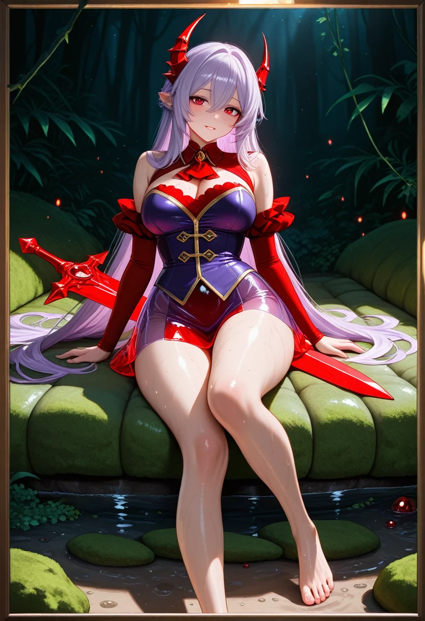 Teenage Kama sitting in shallow water, has a pink heart arrow, Second Ascension Costume, shiny clothes, transparent clothes, erotic pose, goddess of love in the universe, enchanting smile, lotus field background, floating pink heart