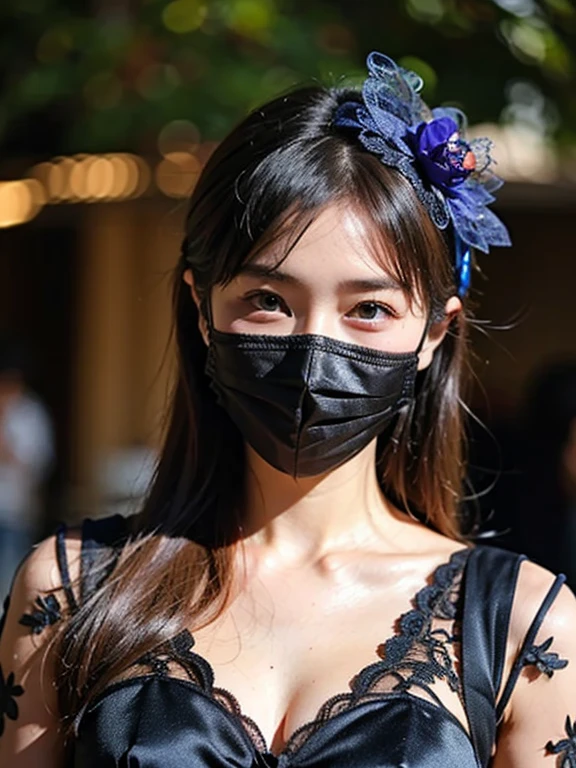 (realistic, photo-realistic:1.37), incredibly absurd, (Extremely detailed:1.3), 8K, (masterpiece), (highest quality:1.4), (ultra high resolution:1.2), (RAW photo:1.2), super detailed background, (unity 8K wallpaper), 1 nogizaka girl, So cute, (bishojo:1.35), (17yo:1.4), (white, black and pink mine fashion), (A delicate and beautiful face, eyes, and skin), (Beautiful dress with delicate details), Gothic Maid, medium breasts, (cleavage:1.25), (open chest), (dense black shiny hair), (elegant frills), (blue rose hair accessories), (smile at the camera), whole body, Street view, professional lighting, 1 girl, ((black mask)), (Light pink hair)