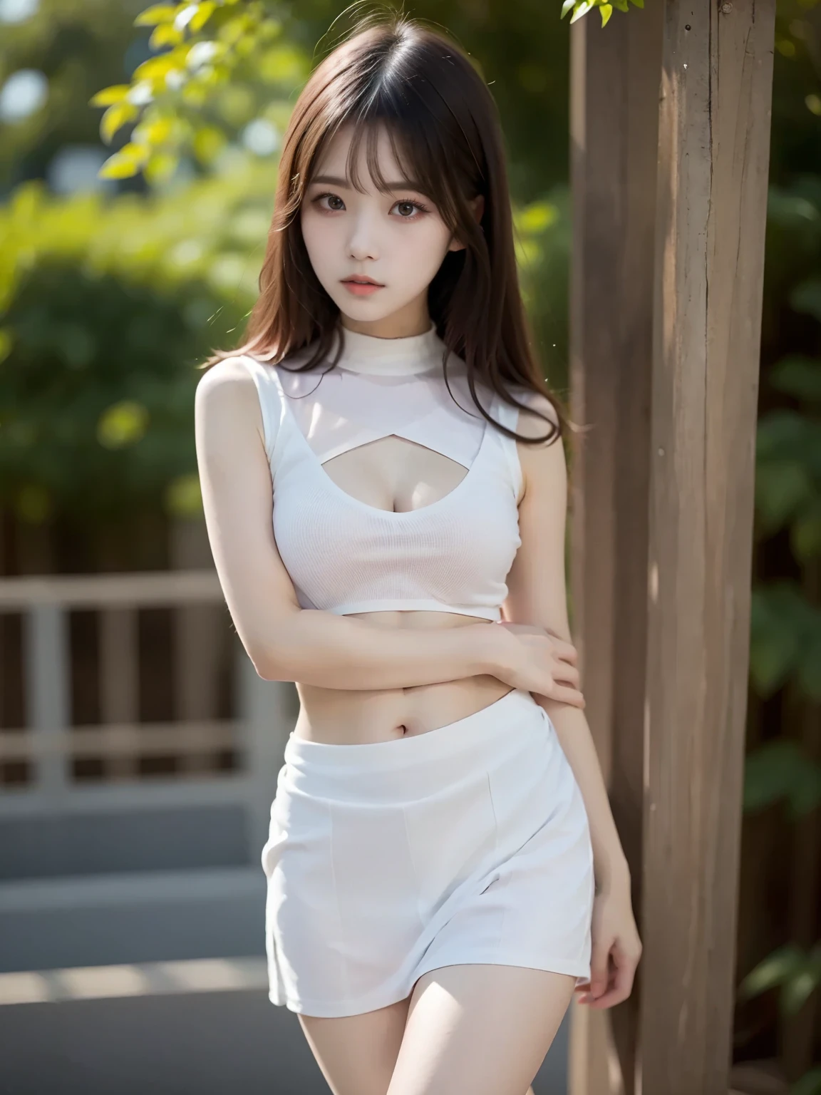 1 girl, full body, indistinct, detailed clothes,white tights, indistinct, casual white shirt, (delicate illustration:1.4),(masterpiece:1.0), (best quality:1.4), (ultra highres:1.2), (photorealistic:1.4), (8k, RAW photo:1.2), (soft focus:1.4), (18yo:1.3), (sharp focus:1.4), detailed beautiful face
