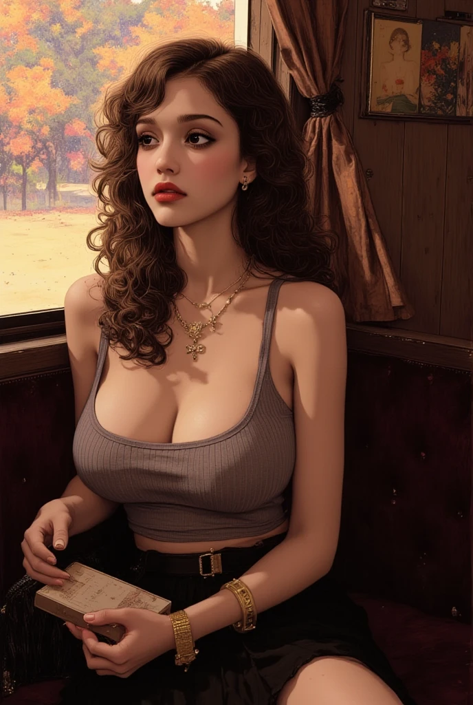 Lucy Pinder, portrait, face portrait, smiling, voluptuous, red lips, cleavage, wavy hair, braid in hair, black hair, white t-shirt, belt, pink jacket, jeans, sitting on the bus.