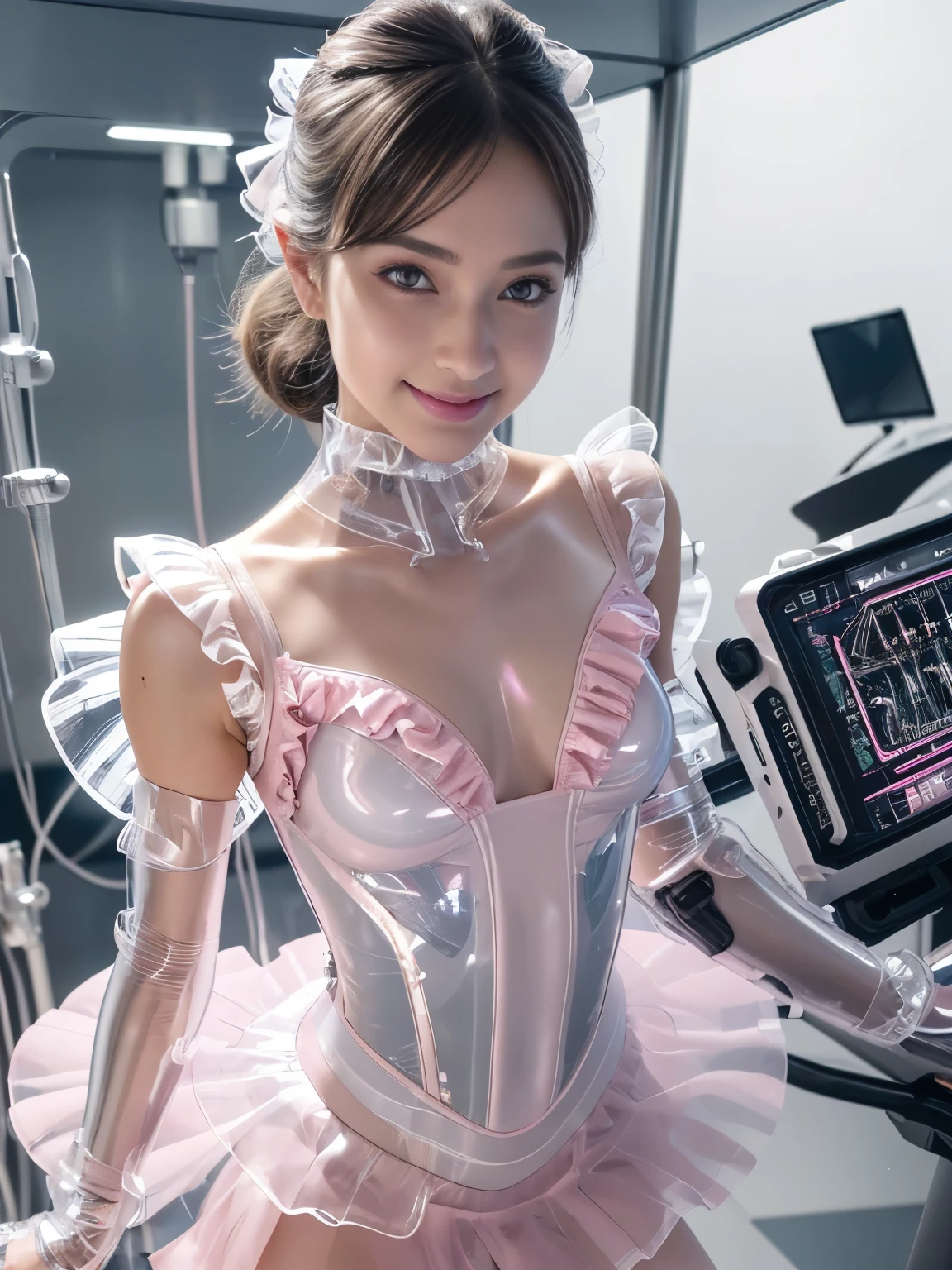 (Highest quality ,High resolution,masterpiece:1.2), Very detailed, Realistic:1.37, (Perfect Anatomy), whole body,1 girl ,Cute and perfect 23 year old French ballerina,(Converted into a cyborg),(Big smile:1.2), Beautiful Eyes,(Eyes glowing pink:1.4) Detailed facial features, (Big smile), Attention to detail in costumes, Great eyes,,Beautiful Lips,Clear Short Hair, (White ballet leotard、Futuristic glossy,Skin-tight transparent PVC cyborg suit with frilly skirt:1.3),(The electronic circuits inside the body are visible:1,4),Bangles, cybernetics, cyber punk, Intricate decorative details,(Natural Makeup) ,(background: Cyborg operating room equipped with advanced digital equipment:1.3)..