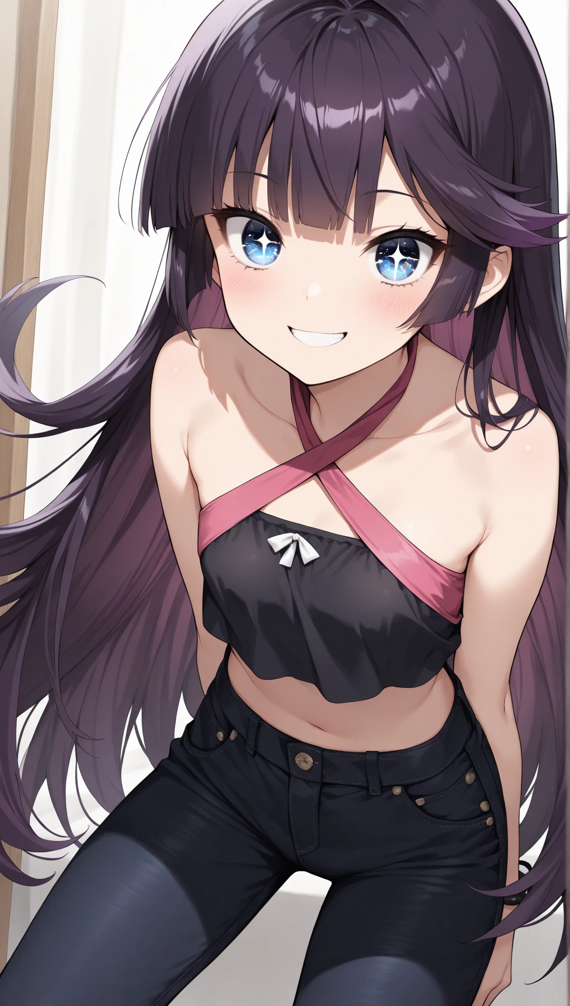 High tail hairstyle, two Ponytail hairstyle, Ponytail hairstyle, Long wavy black hair, standing posing, anime girl style, pixel art anime style,penetrating look with deep eyes,red and purple eyes, hair with a ponytail hairstyle trapped with a big red bun, women, red hair clips, x color shaped hair clips , smiling face blush, next to his bed, Skirt, tank top, Black hair, big thighs, NSFW, Skirt fluttering in the wind, perfect panty, from above, viento levantando su Skirt haciendo que se le vea el panty, hands in fist , Skirt fluttering in the wind, Skirt levantada,