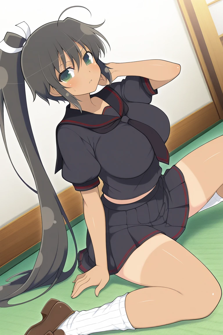 (One lady)、(​masterpiece)、(best qualtiy)、(ultra-detailliert)、(a high chroma)、(CG Illustration)、((Full Angle))、Female, 20 years old、Delicate beautiful face、(red blush)、(Wavy long hair、Dark black hair)、(dishevled hair)、((Shoulder top))、See-through clothes:1.3、((Black stockings))、(Pink Lace Panties)、(Dark blue pleated skirt)、(teats)、breasts of medium size,、((turned around))、(Woman sitting on the floor)、The best lighting、simple background