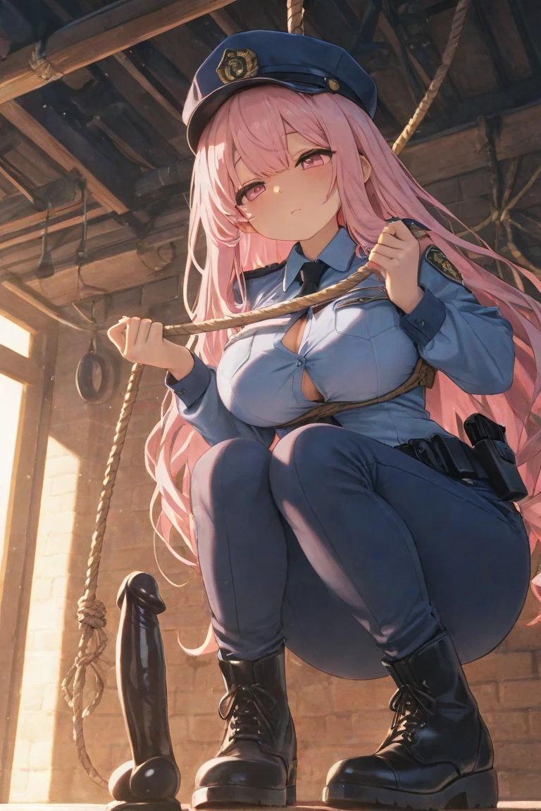 best quality, highres, and18, 1girl, android 18, solo, blonde hair, blue eyes, long hair, earrings, jewelry, denim vest, open vest, black pantyhose, black shirt, denim skirt, striped long sleeves, blue skirt, large breasts, cowboy shot, street, brown boots, gagged, kidnapped, bound, seated on the floor, full body view, tape gag, tape on the mouth, secured, tight knots