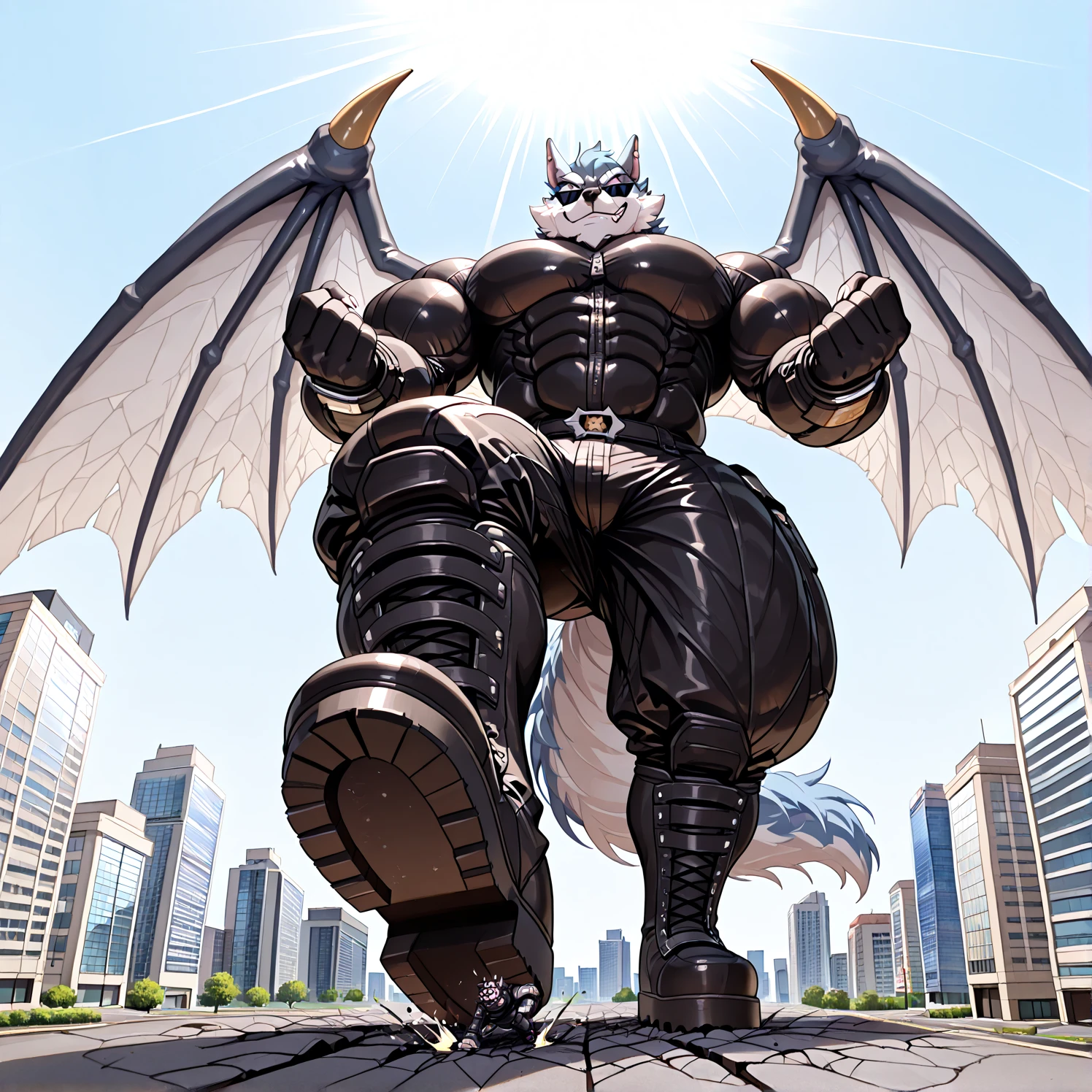 (masterpiece. official art. 8k. best quality. detailed full body. full body.)
(situation 1 : dominating LUCARIO. LUCARIO is over 1000 meters long. focus GIANT mechanical Muscular LUCARIO is trampling the city. Looking down. macro. stomp)
(situation 2 :smoke and flames rising from the destruction in the city)
(Additional details 1: Its nanosut emphasizes the muscles. wearing crNanosuit. nanosuit. creating crNanosuit. black visor. wearing a full-face helmet. hero in anime style.)
(Additional details 2: (Detailed head. Detailed Body. Detailed abs. gigantic muscles. HYPER MUSCLES. Gigachad Muscular. big muscle. pecs. triceps. traps. unusually developed muscular body. body full of huge muscles. showing off muscles. pectorales enormes. Exaggeratedly huge muscles. huge muscles. long legs.).
(Additional details 3: Spread wings. It has wings. have big wings. black wings. The claws are sharp. Sharp teeth.).