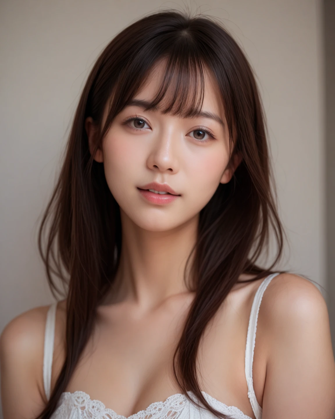 (Highest quality、8K、32k、masterpiece、uhd)(Silky Hair、one person's25Pretty woman of age、Natural brown hair、Medium Hair、Glossy hair、Loose and fluffy hair) Portraiture、In natural fashion、Concrete Background、Concrete wall