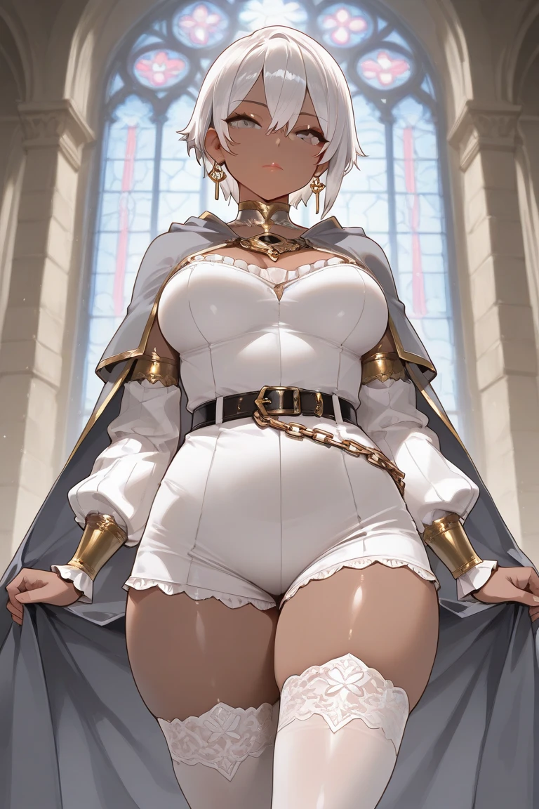 (Masterpiece, best quality), (highres, ultra-detailed), (absurdres, perfect anatomy), outdoors, 1girl, solo, dress, sela, large breasts, tan, necklace, white sleeves, thighhighs, muscular, thighs, full body, priestess, church, religous, pants, coat, pullover, boots, body suit