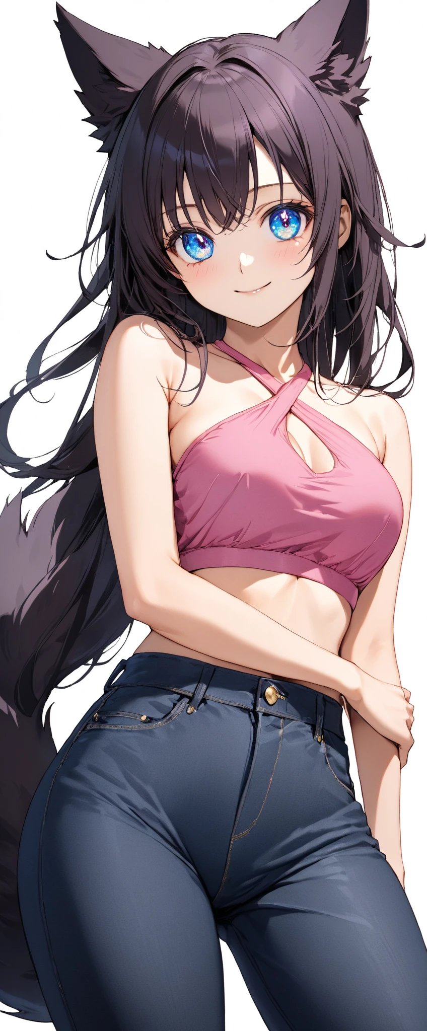 Girl, cute, adorable, smiling, straight hair, long hair, black hair, full breasts, Showcasing cleavage, standing, one hand up,
(V-sign:1.2),
looking at the camera, From the front, my room, morning, Halter Top