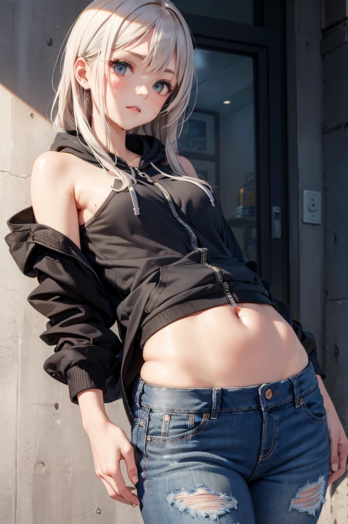 Realistically、1 girl、Gray Hair、Bobcut、Purple eyes、Shining Eyes、(Large Breasts), White T-shirt, Crop top, Thong、Shooting from below, With legs wide open, Put your arms behind your head, NSFW