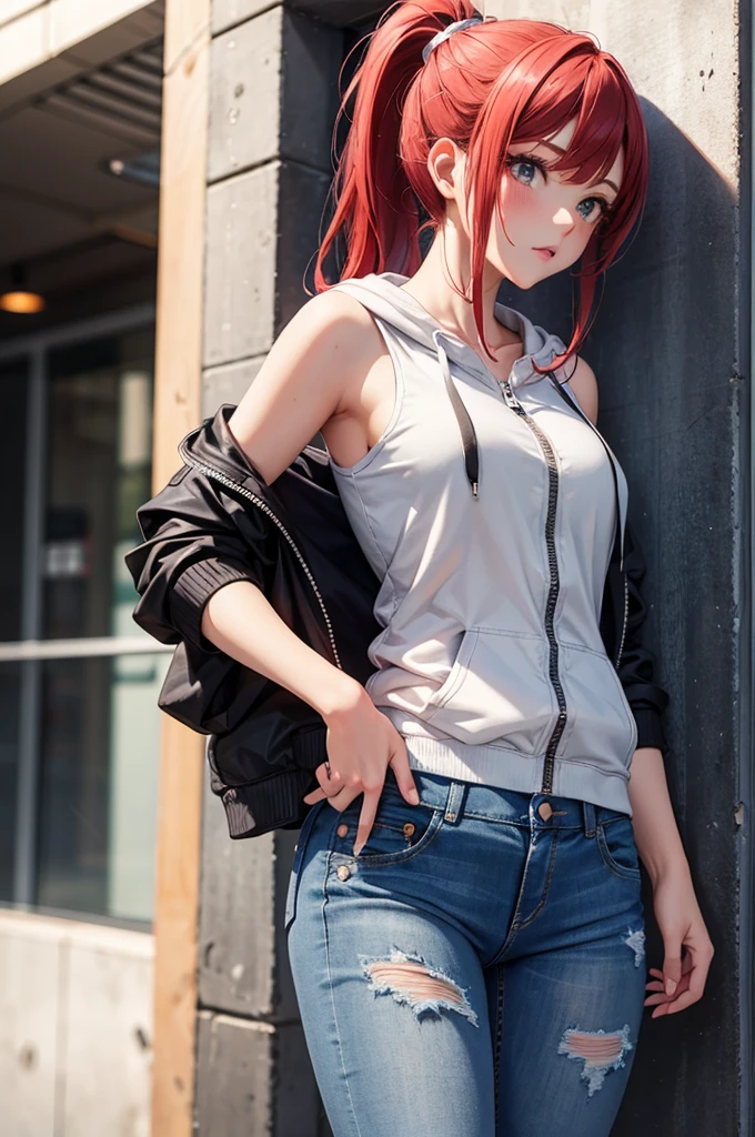 realistic anime illustration of pretty young woman wearing red hat, black spaghetti strap and prussian-blue denim pencil mini skirt with black belt, brick wall behind her, (1girl, solo,full body), (masterpiece, best quality, Japanese anime style)