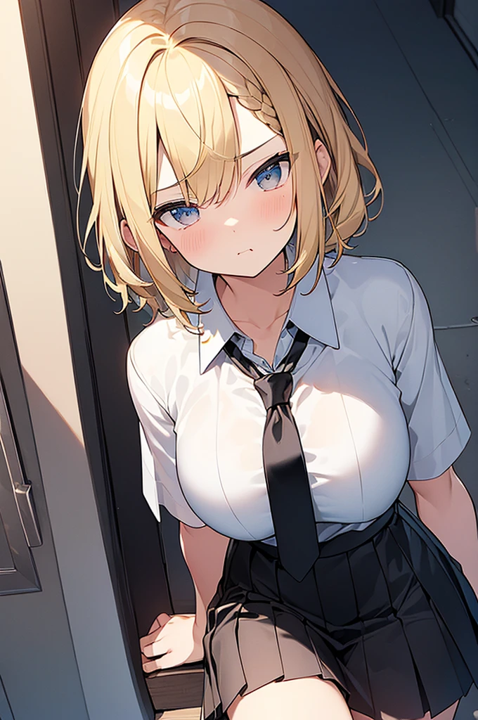 best quality, (masterpiece:1.2), detailed, medium shot, view from above
1girl, solo, expresionless, closed mouth,
blonde hair, blue eyes, side ponytail, blue scrunchie,
school uniform, cardigan around waist, ((unbottoned shirt, big breasts, cleveage))
sitting, looking at the viewer,
classroom, window