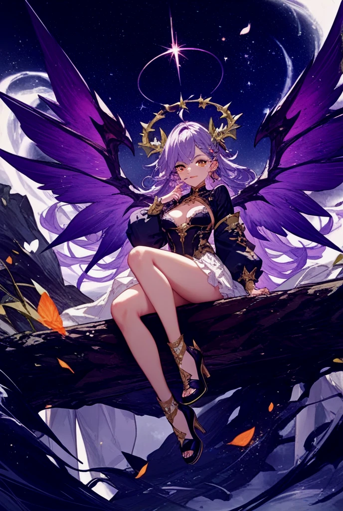 1girl, solo, wings, long hair, sitting, skull, feathered wings, jewelry, very long hair, grey background, simple background, rock, talons, armlet, barefoot, feathers, pointy ears, looking at viewer, claws, bare shoulders, purple hair, sitting on rock, full body, navel, weapon, planted, red eyes, midriff, sharp toenails, pink hair, anklet