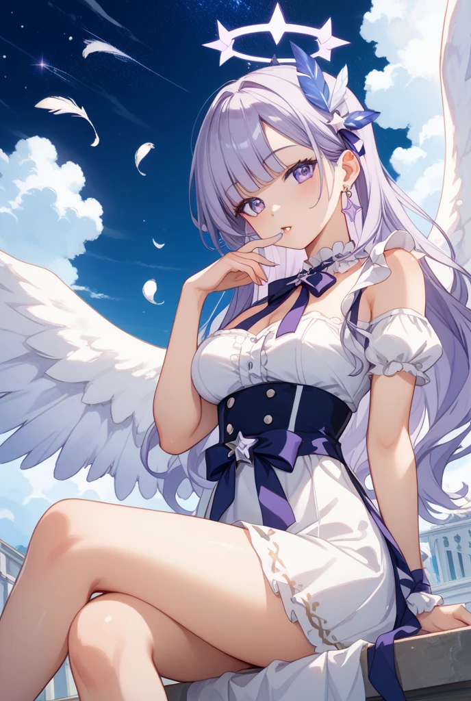 masterpiece, 1 girl, nepdef1, God-like, highest quality, figure, Super detailed, 1 girl, looking at camera, full body figure, detailed hair white flowers, Super detailedなマッチングパープルアイ, full very skimpy wedding dress, cleavage, stunning full background, Are standing, perfect body, short hair, cute, cute, shiny skin, smile, angel wings, sexy