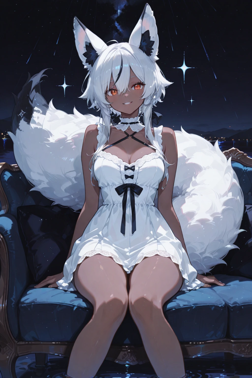 (Masterpiece), (Best quality), full bodyesbian,Simple background, 1girll,Shiny hair,White hair, White cloak, ((See-through)),navel,Light smile,((black sock)),black_Bikini ,navel,cat ear, Long hair, Red eyes,(Gushki thighs:1.2), Beds