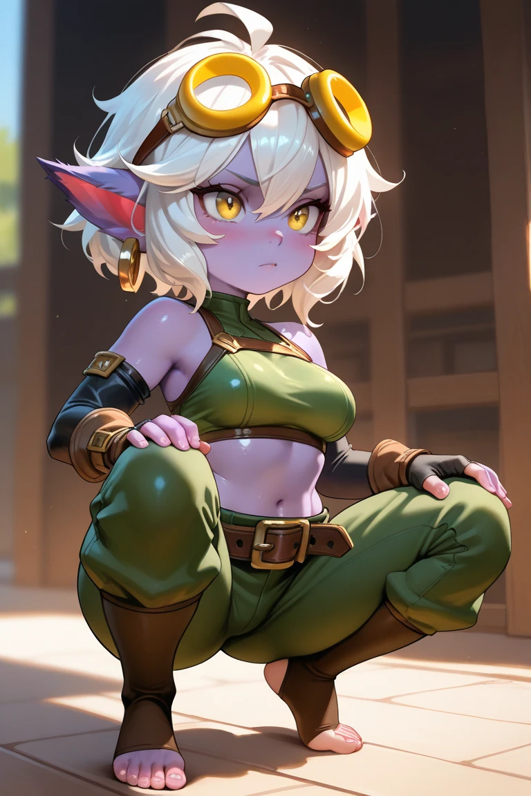 [tristana], [LOL], ((masterpiece)), ((HD)), ((high res)), ((beautiful render art)), ((solo portrait)), ((full body)), ((front view)), ((low angle view)), ((feet visible)), ((detailed shading)), {(attractive), (short), yordle, (purple skin), (large elf ears), (short white hair), (cute brown eyes), (detailed iris), (short eyelashes), (curvy hips), (detailed abs), (thick thighs), (beautiful toned legs), (beautiful feet), (cute smirk), (excited expression)}, {(green tank top), (navel), (tight green pants), (toeless socks)}, {(waving at viewer), (looking at viewer)}, [ambient lighting, forest, sun rays]