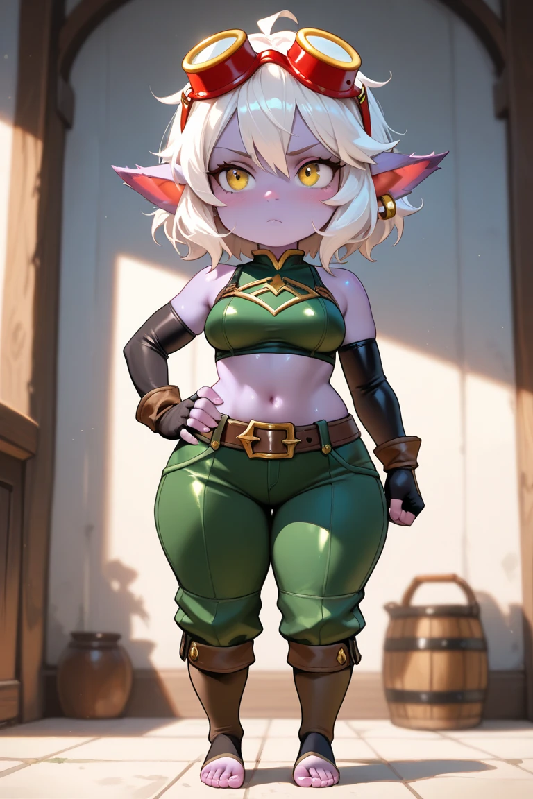 A cute Goblin girl, short blonde hair with a bang, Purple eyes, medieval leather outfit, Looking at the camera with flushed cheeks, Perfect body, Perfect anatomy