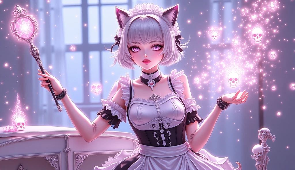 There is a girl in a pink dress posing for a photo, belle delphine, Pink double-tailed hair and gray eyes, rococo cyberpunk, dollfie dream, light pink tonalities, skydoll noa, pink iconic character, render of april, 8k octae render photo, cosplay of a catboy! dress, royal elegant pose