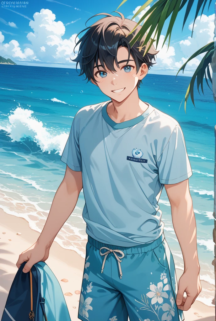 (Highest quality), (Super detailed), Beautiful Boy、Charm、 Boy、Shota、More than one person、Playing in the sea、Swim trunks、smile、Beach ball、