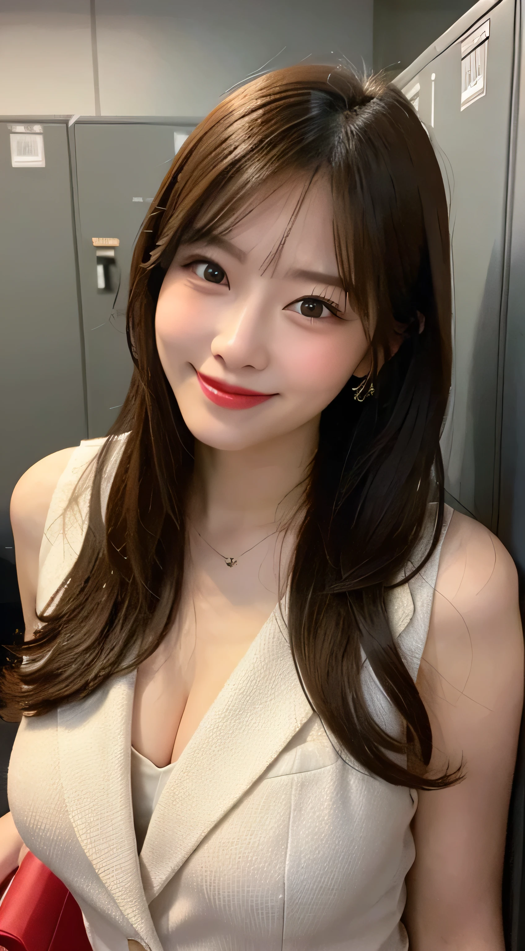 realistic photos of (1 cute Korean star), hair two side up, necklace, thin makeup, medium breasts size, slightly smile, waist tie shirt, at the top of building, selfie, clear facial features, high resolution, sharp and realistic details, 8k, UHD,