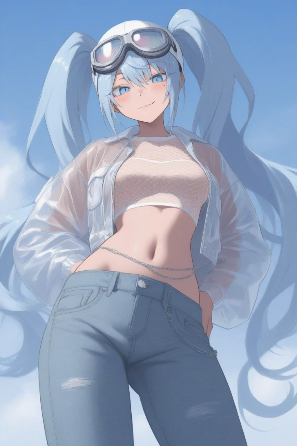 anime rtx, sharp, thighs level, warm colors, warm light, glasses, celan eyes, sweet face, gorgeus pale female with light smile, turquoise hair color, long and wide twinbraids, standing dinamyc pose, wear dark furry jacket that does not go below the ribs, open, small short jean pants, strip of thonge over hips, perfec body, simple background, void background