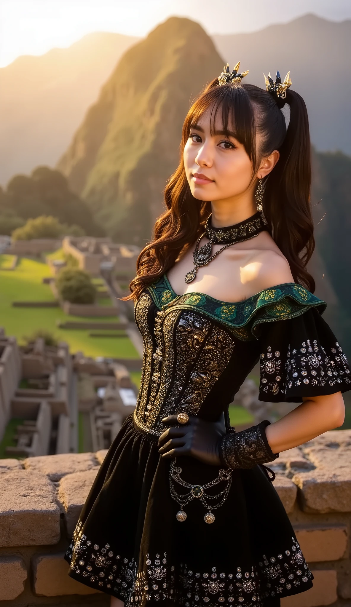 low-angle MEDIUM SHOT RAW photo, Nikon Z9 + 50mm f/1.2 lens, ISO 100, cinematic golden hour

MODEL: stunning model with sensual expression, intense eye contact, (((subtle sedcutive smile to the viewer))), (((keep the LoRA typical hairstyle))).

OUTFIT: (((traditional caporales ultra short miniskirt))): black velvet fabric trim, no visible petticoat, fully hand-embroidered with gold thread in 3D relief, chains and 2000+ Swarovski crystals.

Top: deep-plunge corset with short sleeves (not bodysuit), separate from skirt, made of black velvet and emerald green satin, fully hand-embroidered with gold thread, chains and 2000+ Swarovski crystals. Tight fit with defined waist. Back laces and off-shoulder neckline.

Accessories: Long black fishnet gloves to elbows, traditional earrings, no hat.

POSE: Sexy modeling stance: hips tilted, one leg forward, hand resting softly near cleavage, head tilted back slightly, lips parted seductively. Wind blowing skirt and hair gently.

SETTING: Machu Picchu Guardian Hut, golden hour sunlight piercing through morning mist, Huayna Picchu in soft-focus background. Stone terraces glowing subtly.
HAIR & FACE: Keep original face and hairstyle of uploaded reference (LoRA accuracy), long braid adorned with traditional details, full makeup, glam lashes.
LIGHTING: Cinematic golden rim light accentuating body lines, sparkles catching on sequins and crystals, light mist glow around ruins.

STYLE: Ultra-photorealistic, authentic velvet fabric textures, embroidery visible stitch by stitch, movement blur on skirt. Sweat sheen on cleavage and collarbone.
--ar 9:16 --style raw --no hat --flux_boost 4 (((keep LoRA face and hairstyle exactly)))"**