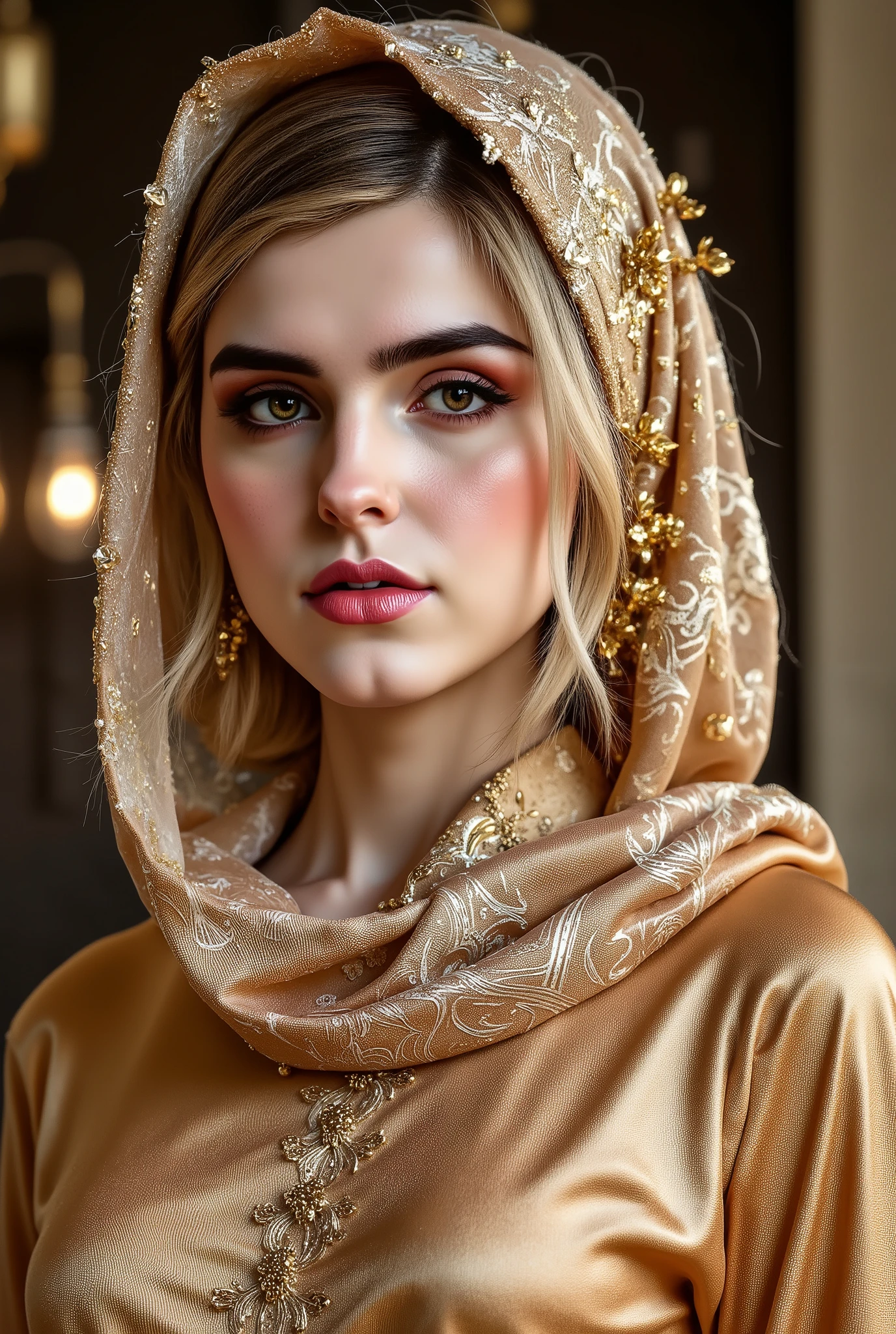 muslim woman, beautiful, original, realistic, sharp, cluster, hijab, leather and satin