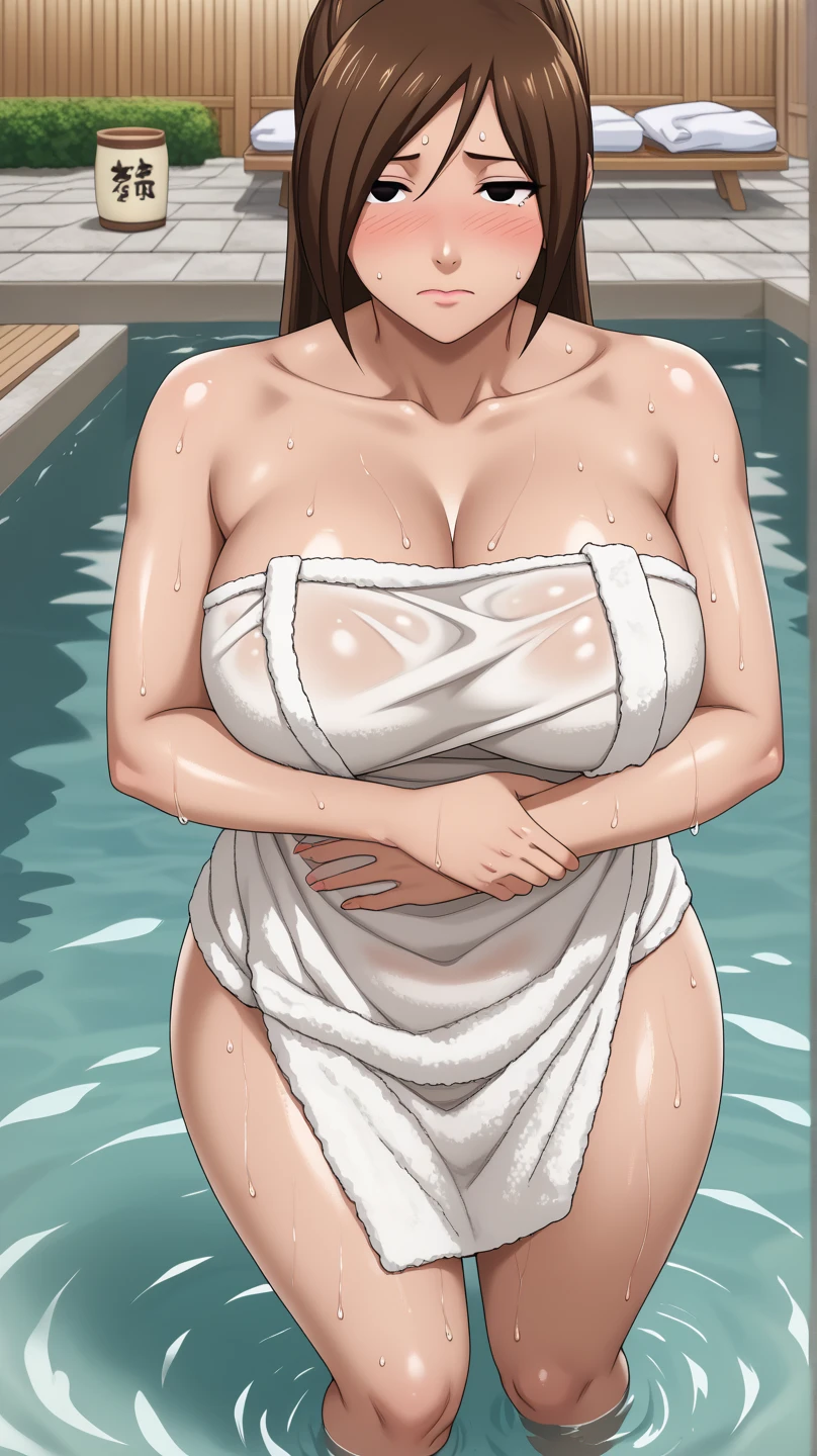 masterpiece, Highest quality, (((ルーシー・ピンダーに似たソロMature Woman))), (((Brown Hair))), ponytail, Large Breasts, (((Wide Hips))), (((Aqua green eyes))), Fuller lips, Captivating smile, Cleavage, (Standing by the Japanese-style pond behind the house), Outdoor,  sunset, Blushing, (((She is wearing a one-piece swimsuit with shiny black accents.))), [Janet], [Alice], "Beautiful mature face" , 30 years old , Mature Woman , Adult, (((Shiny skin)))