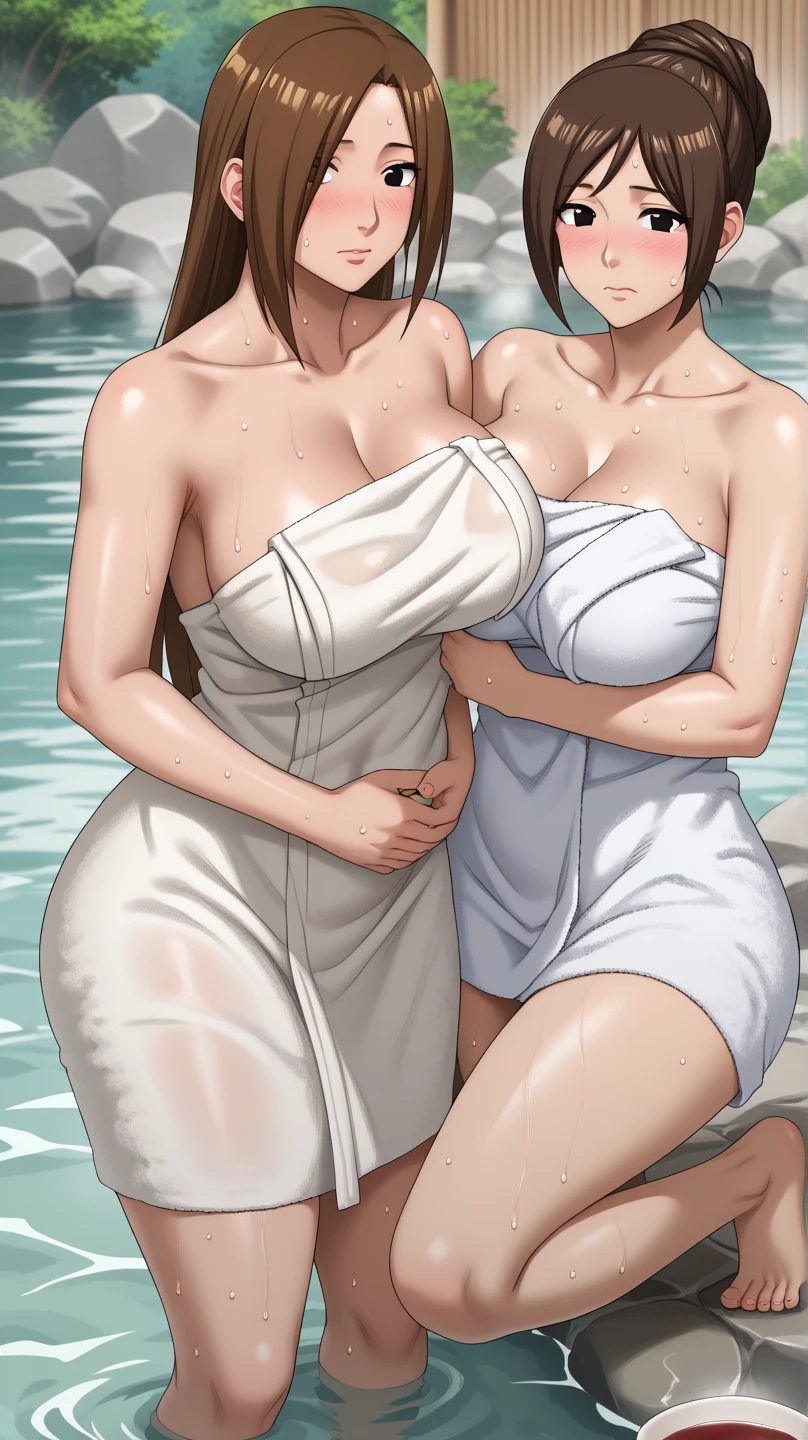 average body male wearing swimming trunks surprise hugs from behind thick body large breast female, female wearing extremely transparent long floral dress that is open in the back of the dress, by the pool, female surprised by the hug and laughing, male hold female's hips while pushing his hips into female's hips, sunset, (show bare breast and nipples peeking out of dress), male and female sweating from heat, nsfw,