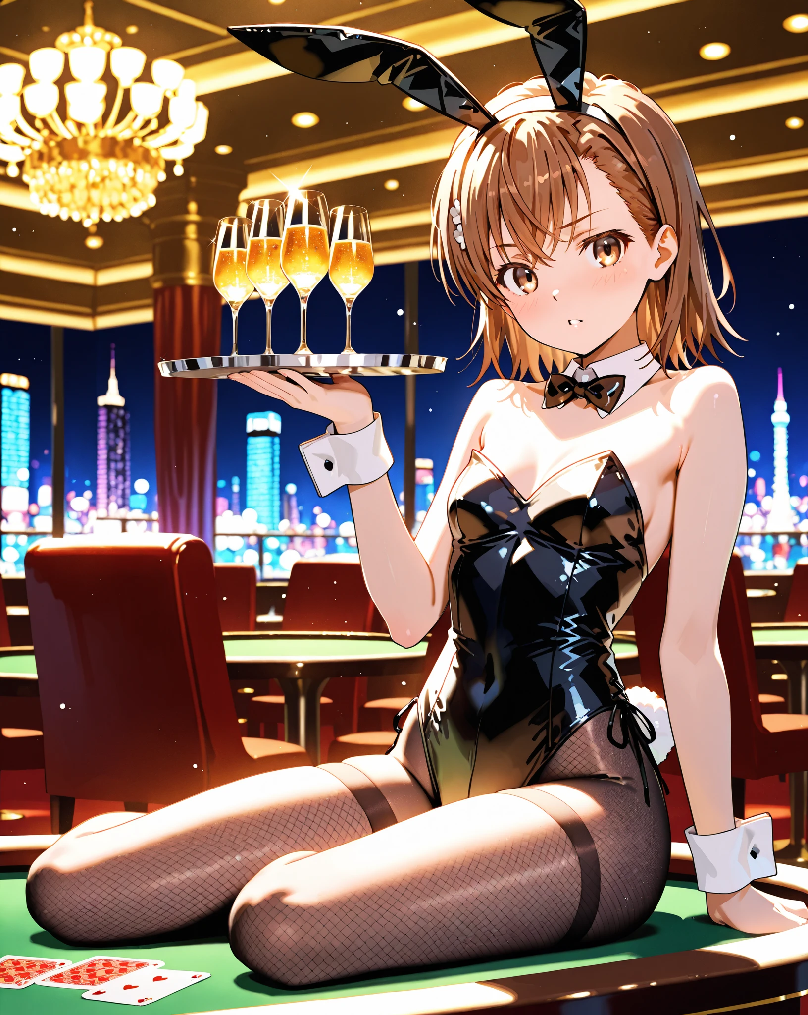 highest quality、Nice sexy body、One Woman、(solo)、((Beautiful busty woman:1.6))、Bunny girl、(Orange Hair Woman:1.3)、Shorthair woman、((黒色のBunny girlレオタードを着た女性:1.3))、(Woman wearing red bow tie)、(A woman wearing brown pantyhose)、Smiling woman、((casino、slot、roulette))
