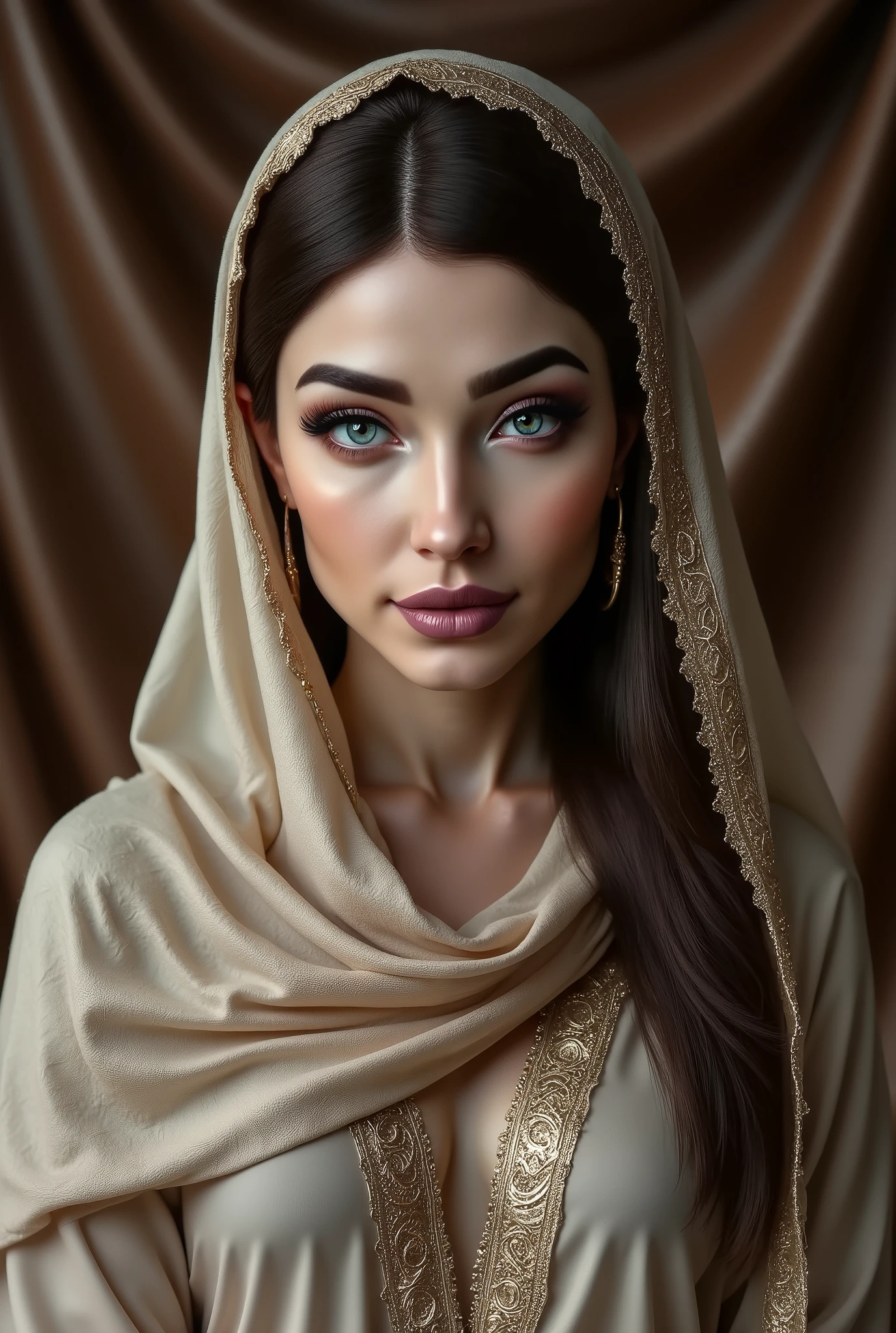muslim woman, beautiful, original, realistic, sharp, cluster, hijab, leather and satin