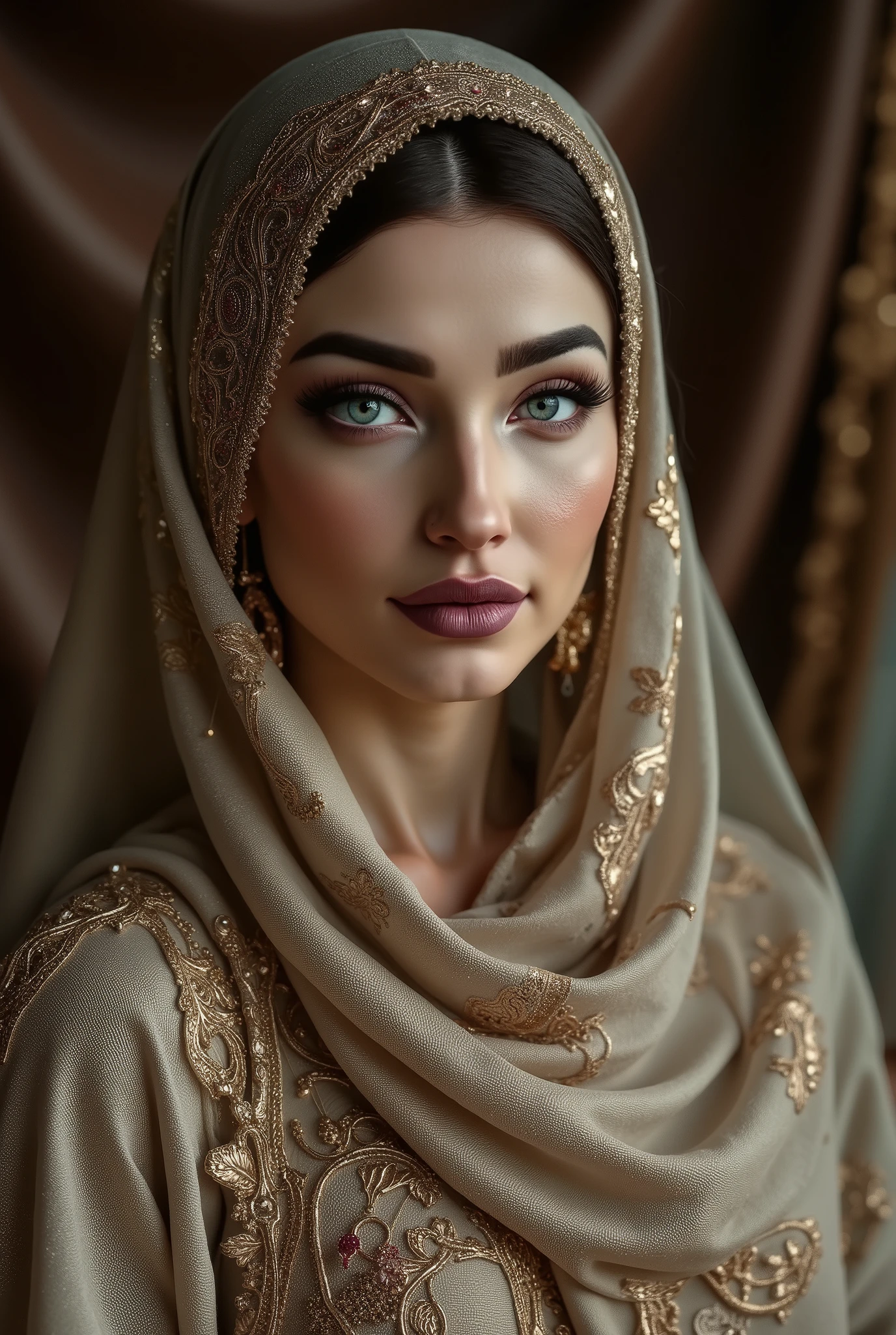 muslim woman, beautiful, original, realistic, sharp, cluster, hijab, leather and satin
