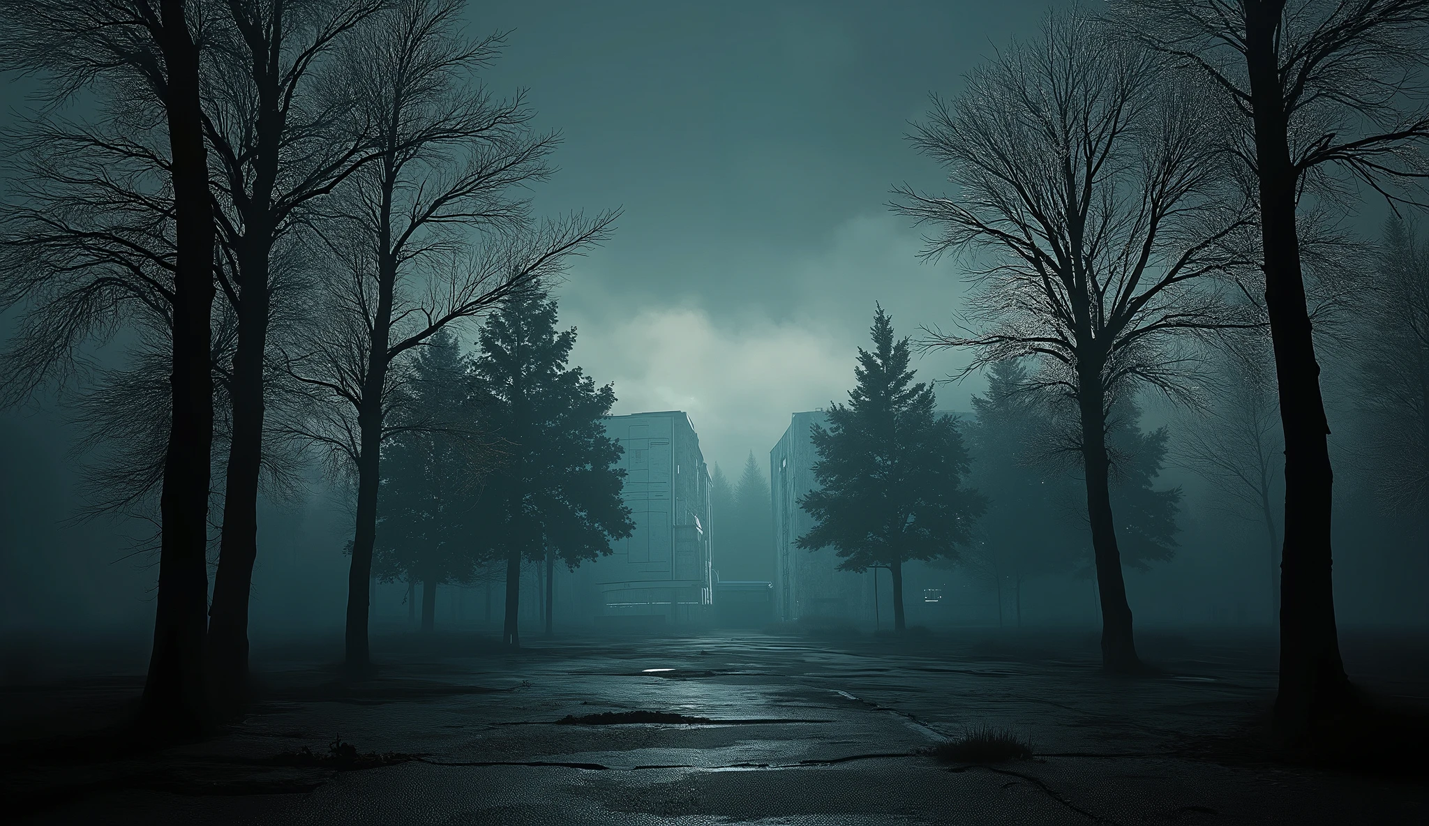 A dark empty Factory parking lot, trees, surreal lighting, liminal, wind, dark Hospital background, hyper realistic, high detail, masterpiece.