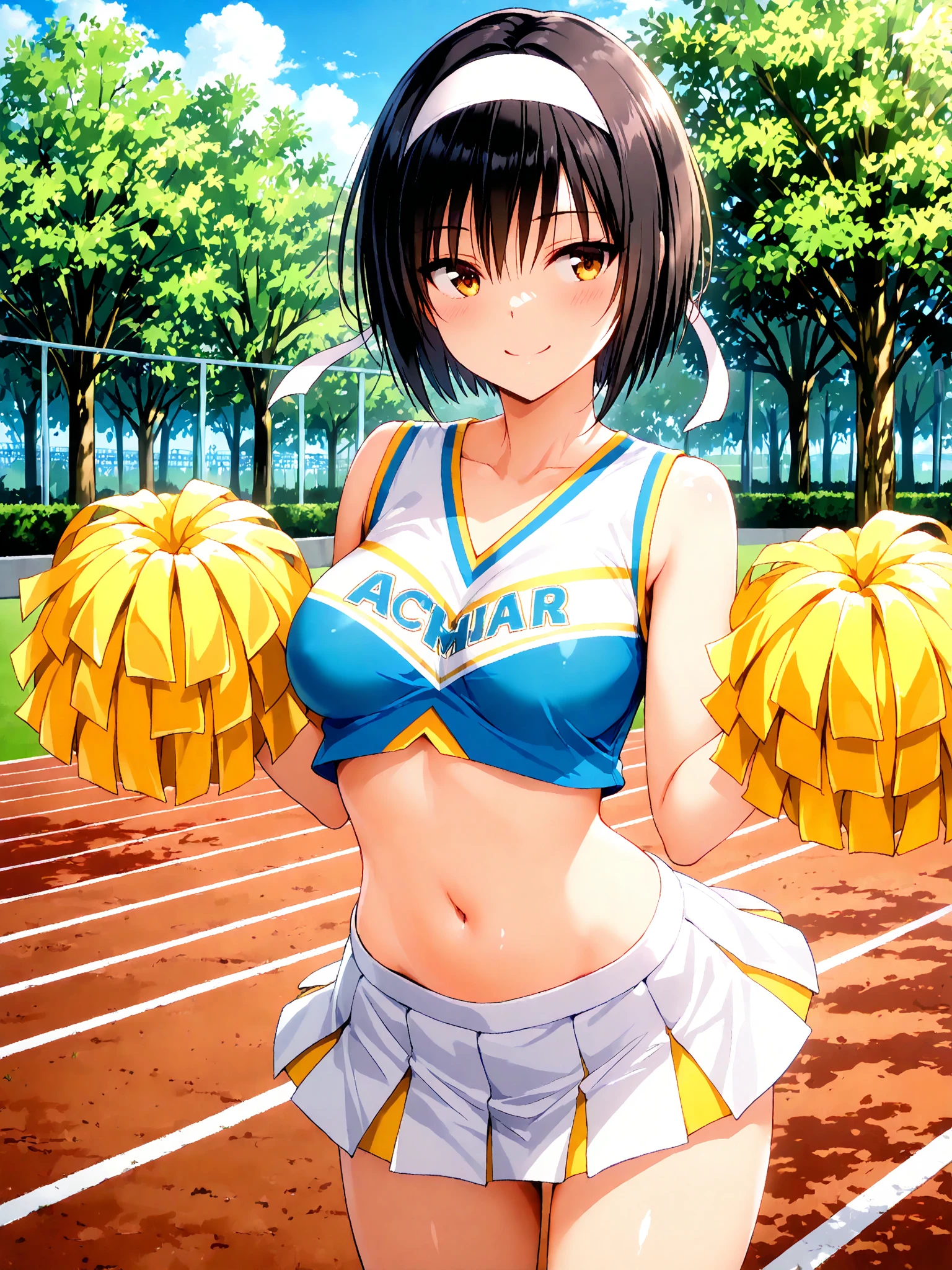 asakura_yume,Brown Hair,Medium Chest,Aqua Eye,White skin,Normal chest,Schoolyard,Are standing,((Cheerleader)),smile,