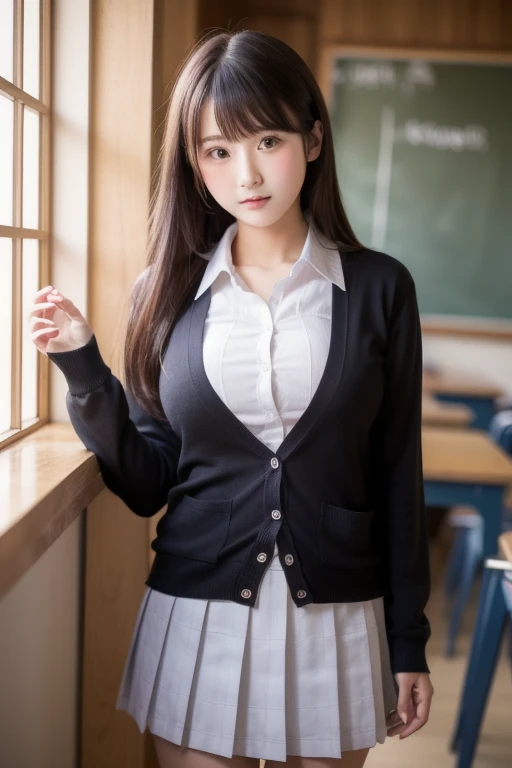 perfect dynamic composition、20 year old pretty girl、bold sexy pose、black tights、uniform、big breasts、shirt、classroom、cardigan、