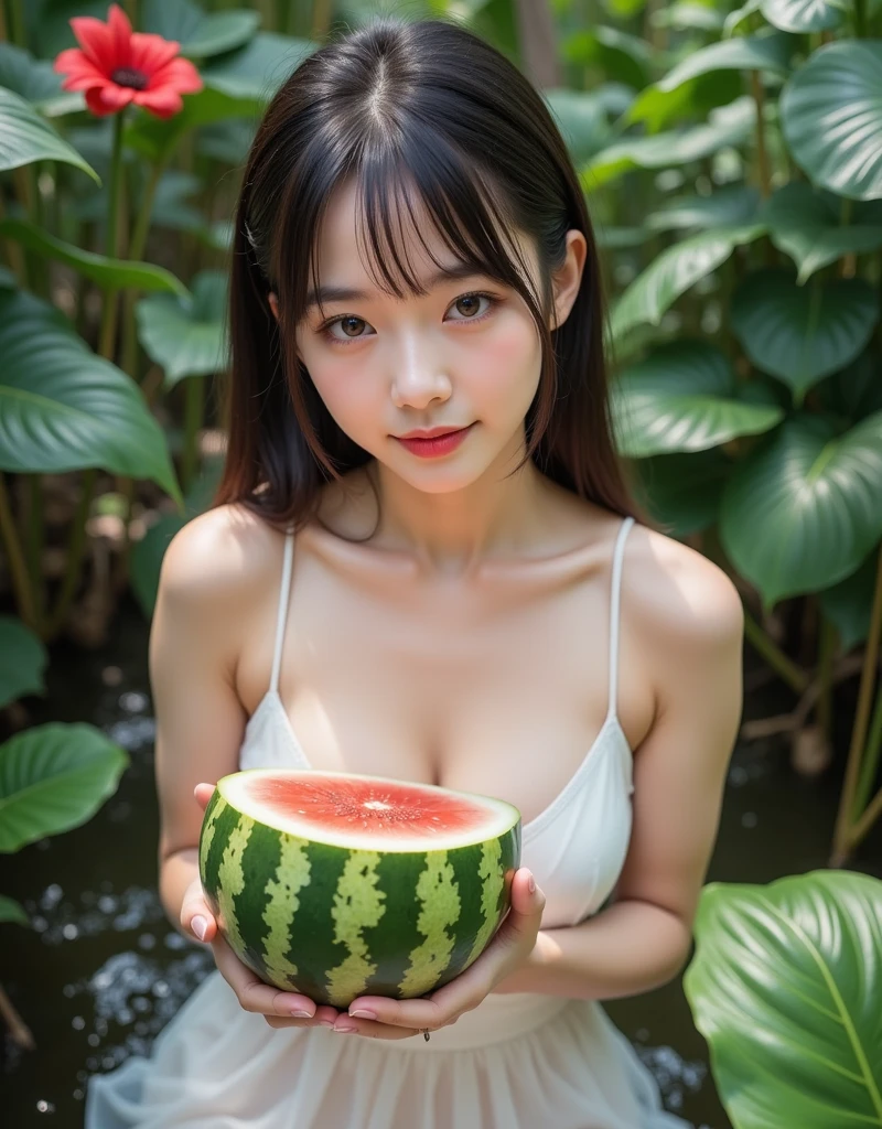 a beautiful busty age girl, eating a juicy watermelon, wearing a bikini, with a happy expression, sitting, low angle view, detailed face, detailed eyes, detailed lips, photorealistic, 8k, hyper realistic, extremely detailed, masterpiece, vivid colors, beautiful lighting, cinematic composition