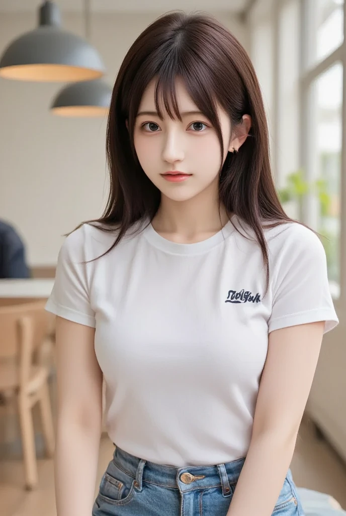 table top, highest quality, super detailed, finely, High resolution, 8k wallpaper, Perfect dynamic composition, 2 girls, beautiful face and fine eyes, little smile, pony taile, ((sweat)), hold flat breasts from back, arms up, natural hair,  large size t-shirt,