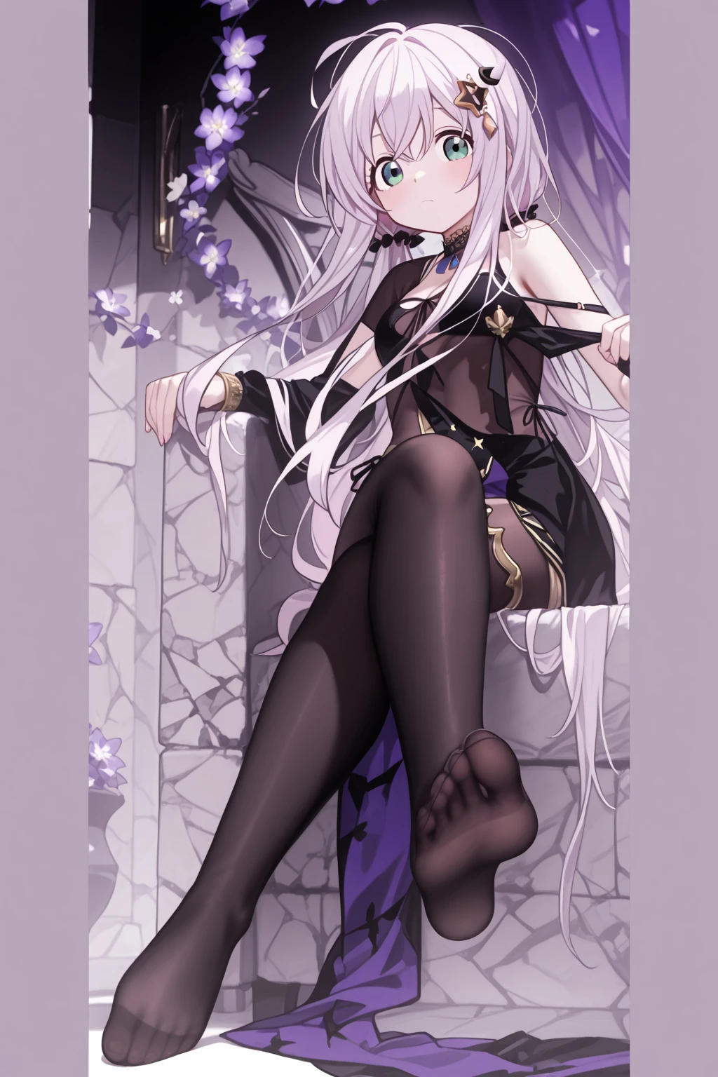 (masterpiece, best quality:1.2), 1 girl, alone,a ponytail,Star hairpins and black feather hairpin,nail art