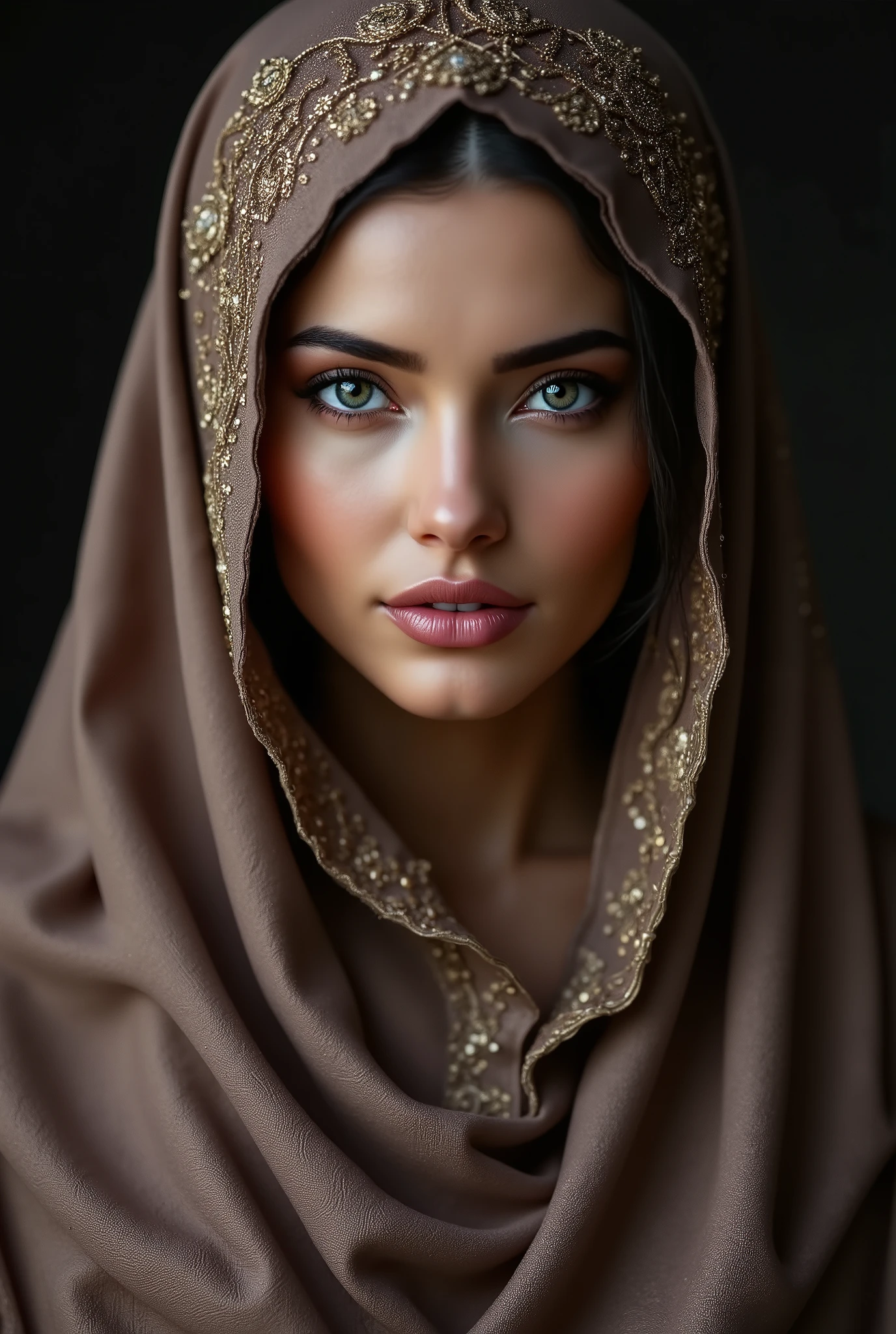 muslim woman, beautiful, original, realistic, sharp, cluster, hijab, leather and satin
